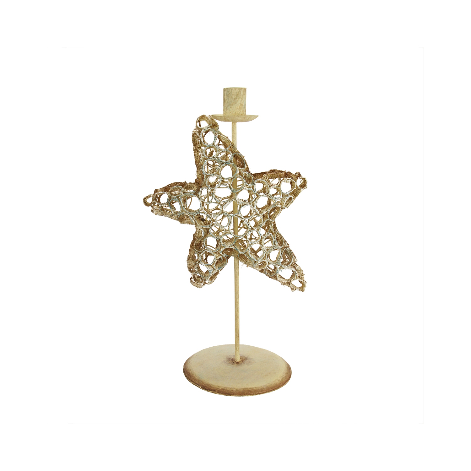 12.75" Beach Inspired Brown and Blue Burlap Star Fish Taper Candle Holder