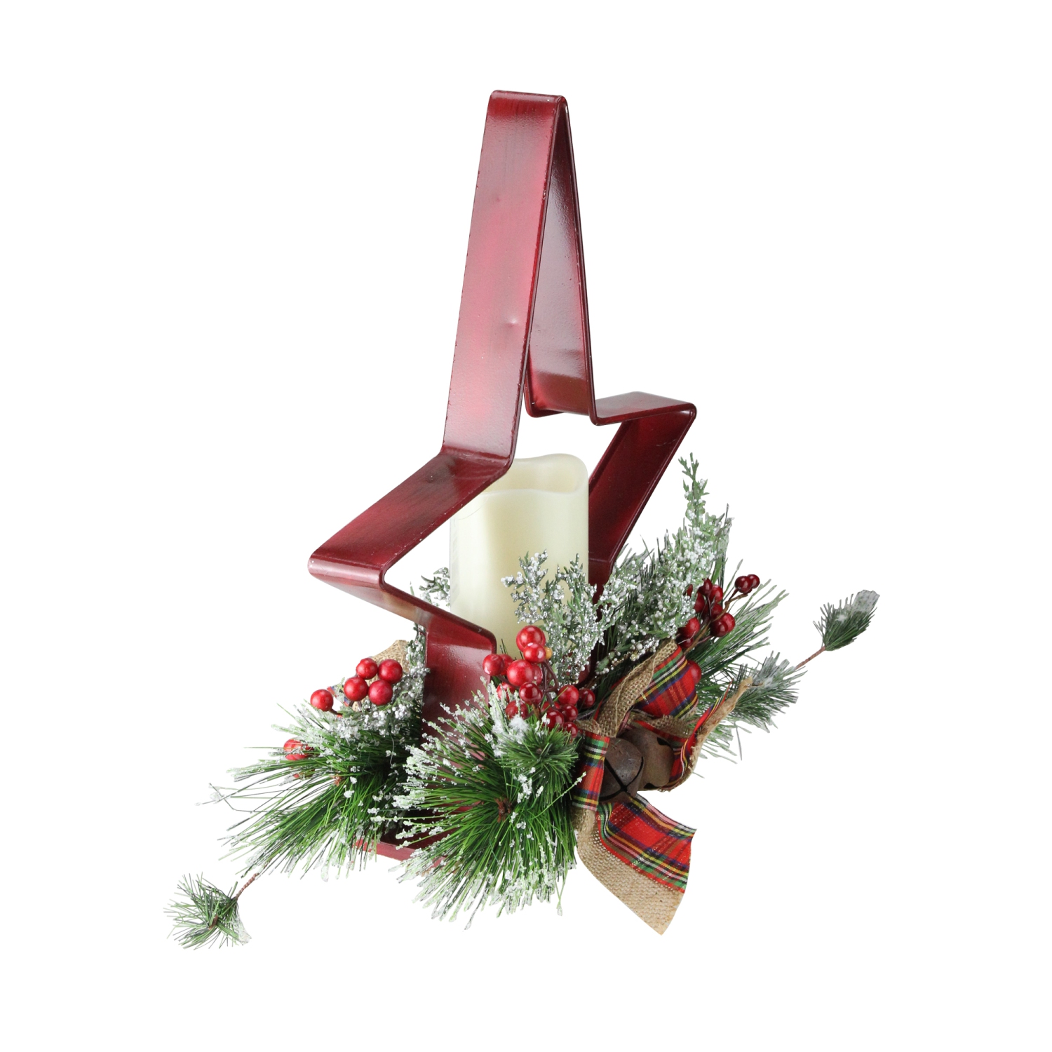 15" Battery Operated Green and Red Christmas Pine Needle Candle Holder