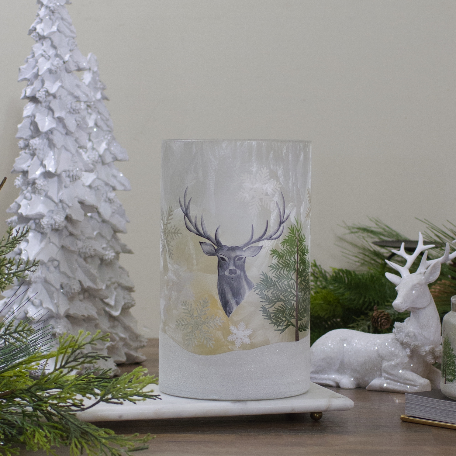 Porte-bougie de Noël en verre peint à la main, sans flamme, cerf, pin et flocons de neige, 10 po