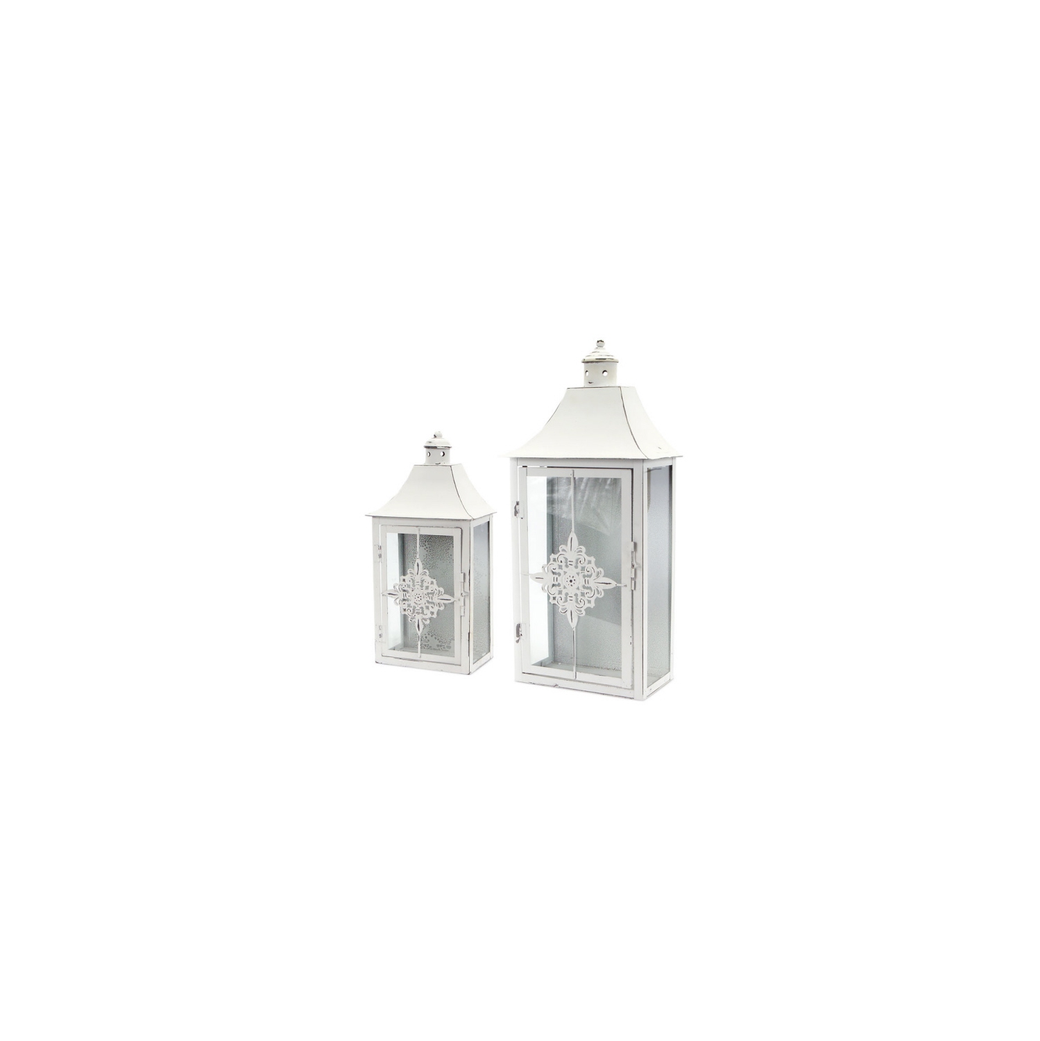 Set of 2 Vintage Rose White Distressed Pillar Candle Lanterns 19.5"