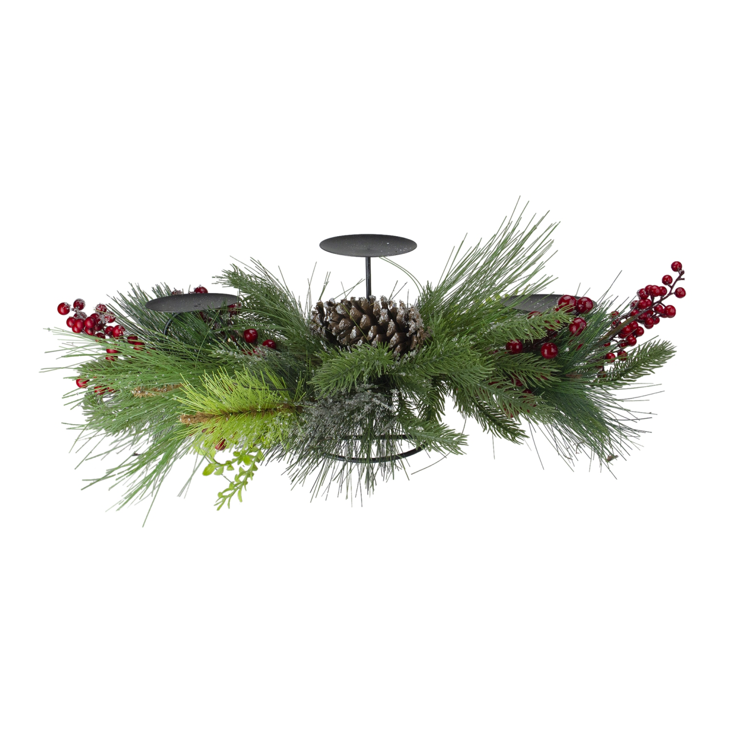 32" Iced Mixed Pine, Berries and Pine Cones Christmas Pillar Candle Holder