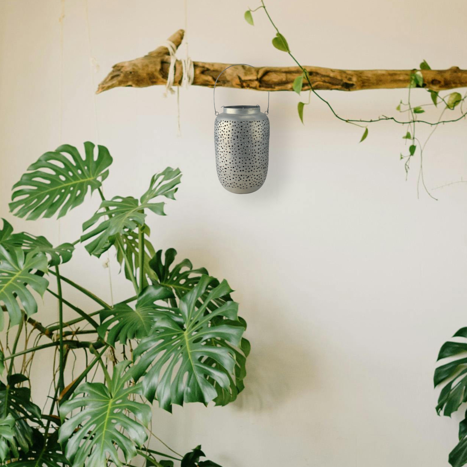 14.5" Botanic Beauty Gray Cut-Out Pillar Candleholder Lantern