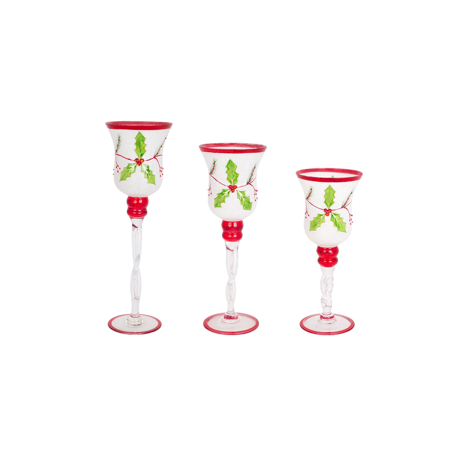 Set of 3 White and Red Glass Holly Candle Holders Christmas Decor 15.75"