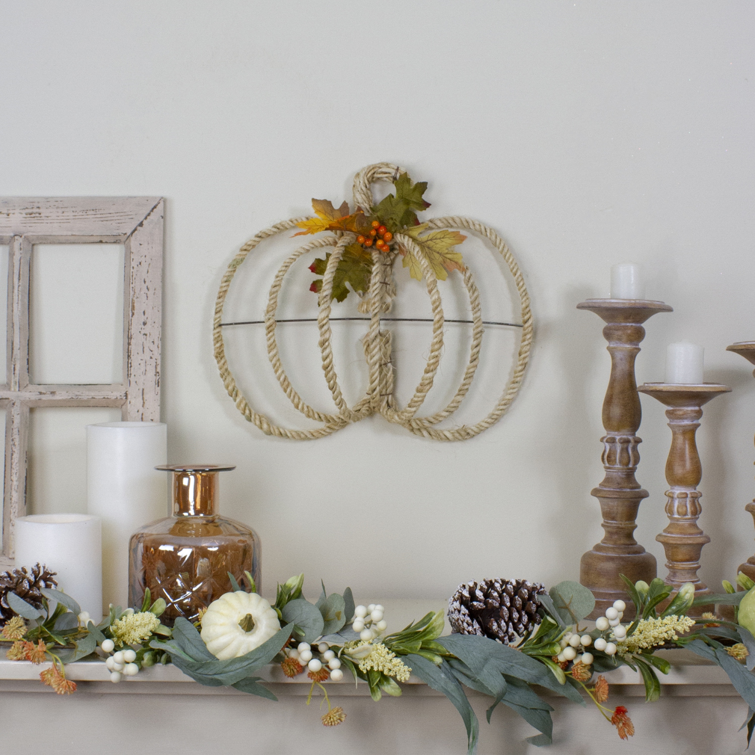 16" Autumn Foliage and Rope Pumpkin Thanksgiving Wall Hanging