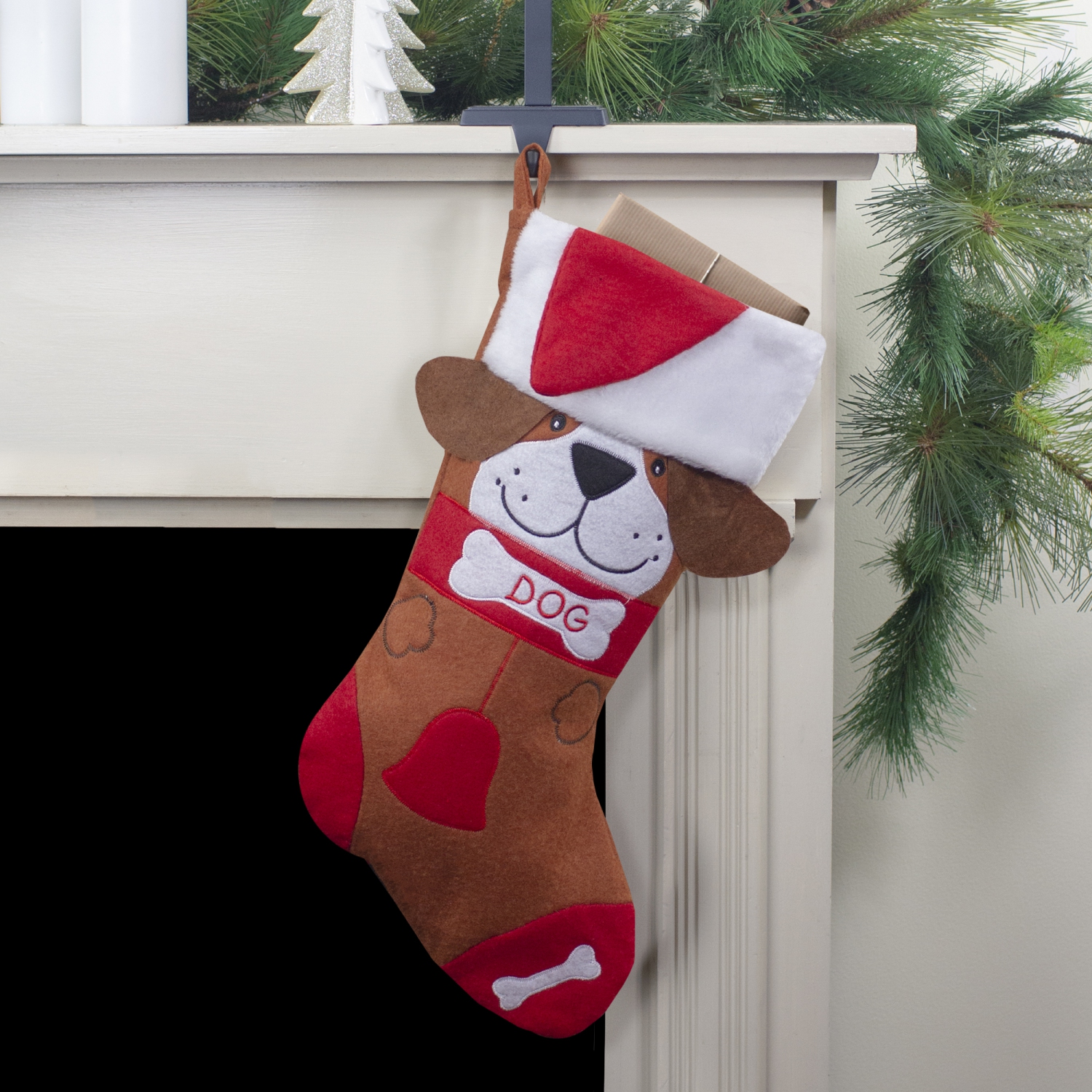 17" Red and Brown "DOG" Embroidered Christmas Stocking with Cuff
