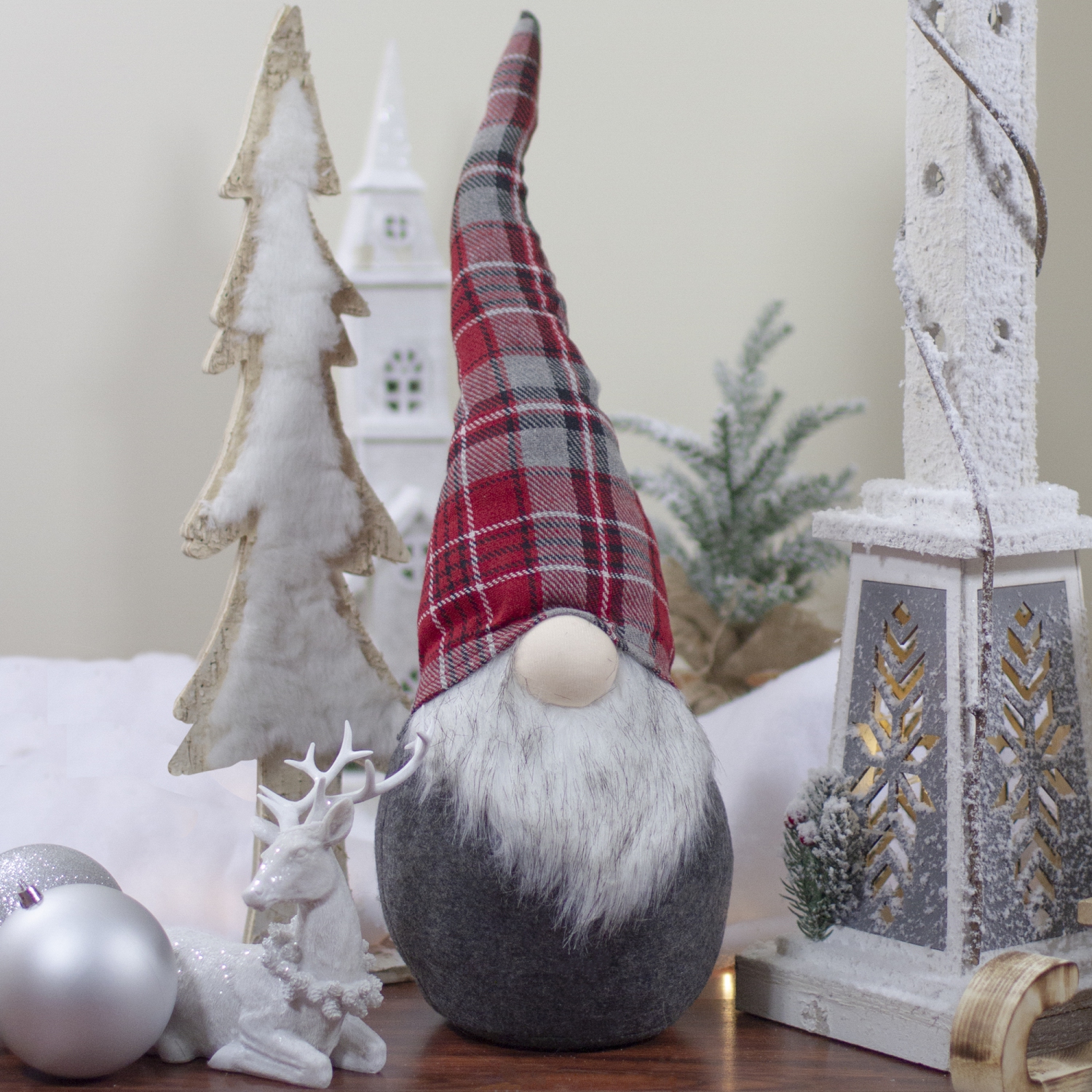 25" Red and Gray Plaid Gnome Sitting Tabletop Figure Christmas Decoration