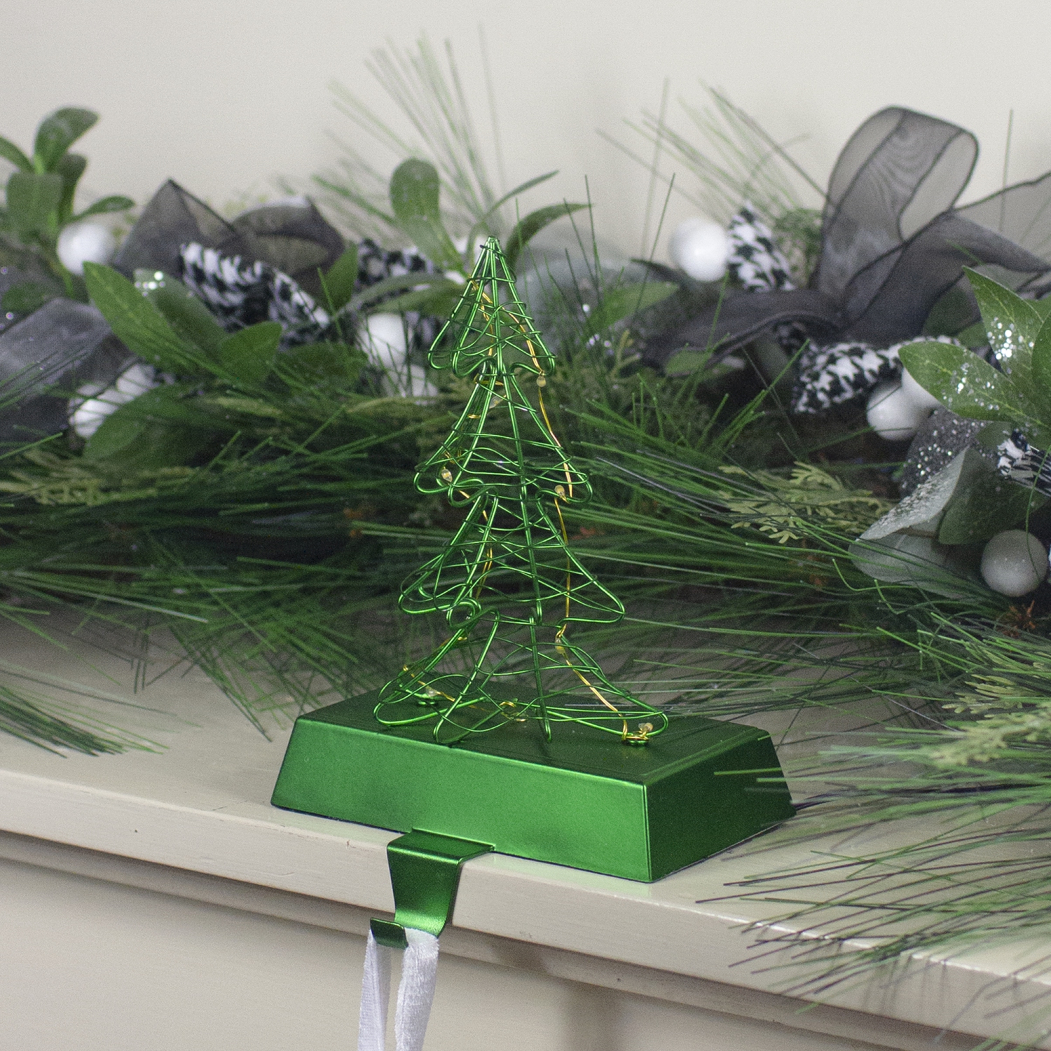 8" LED Lighted Green Wired Christmas Tree Stocking Holder