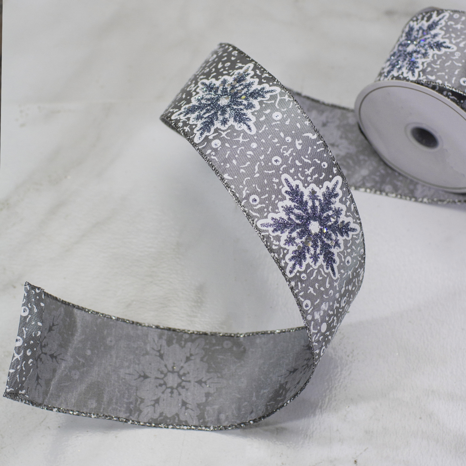 Gray Snowflake Christmas Wired Craft Ribbon 2.5" x 10 Yards