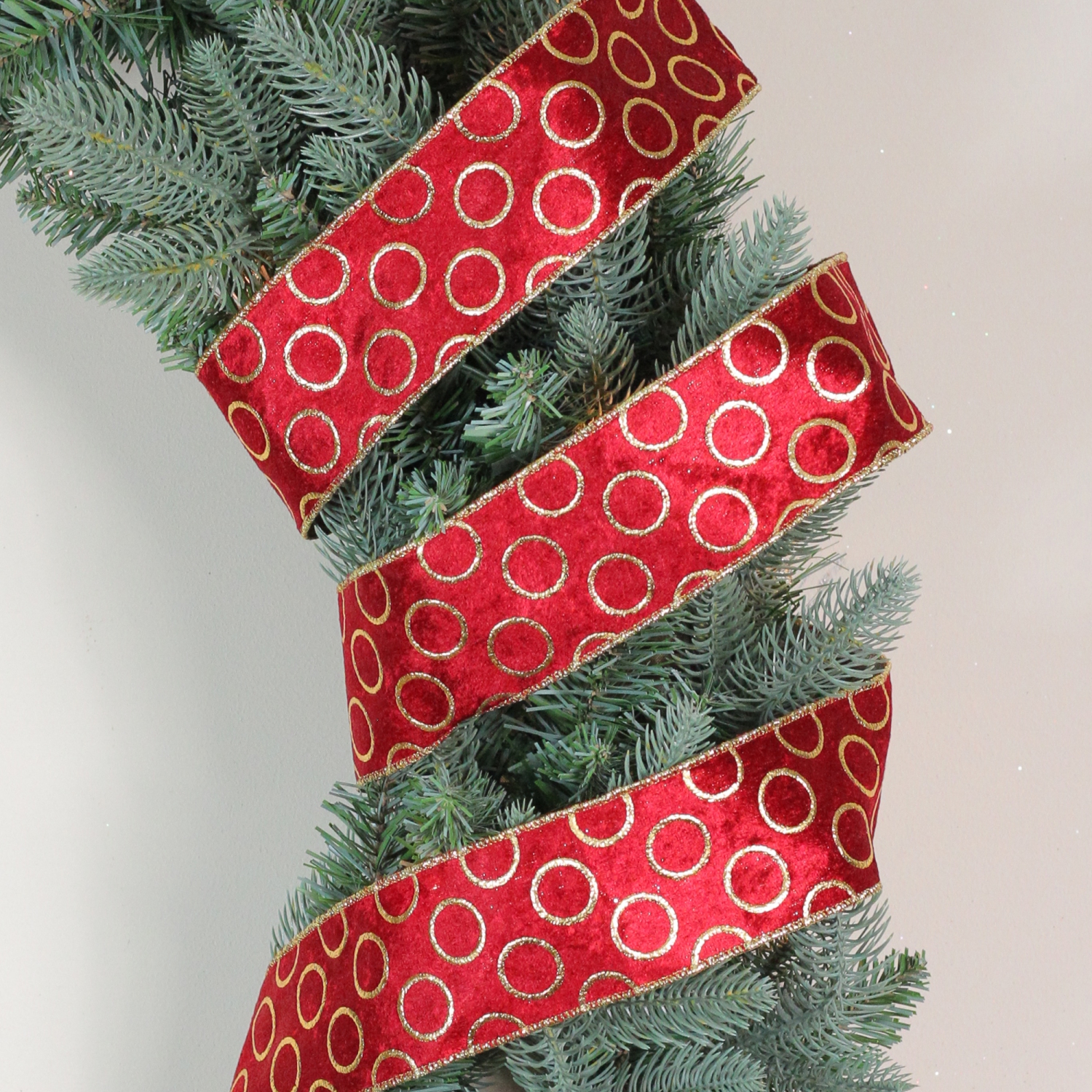 Red and Gold Circle Wired Christmas Craft Ribbon 2.5" x 16 Yards