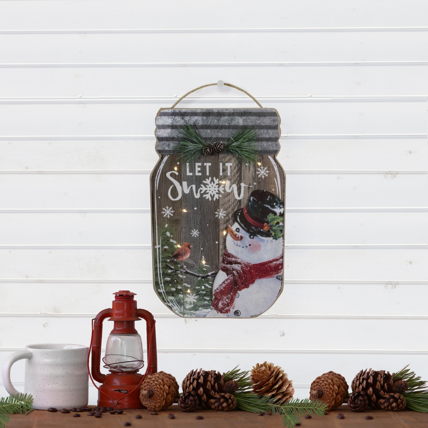 13.5" Battery Operated Mason Jar with Snowman "Let It Snow" Christmas Wall Sign