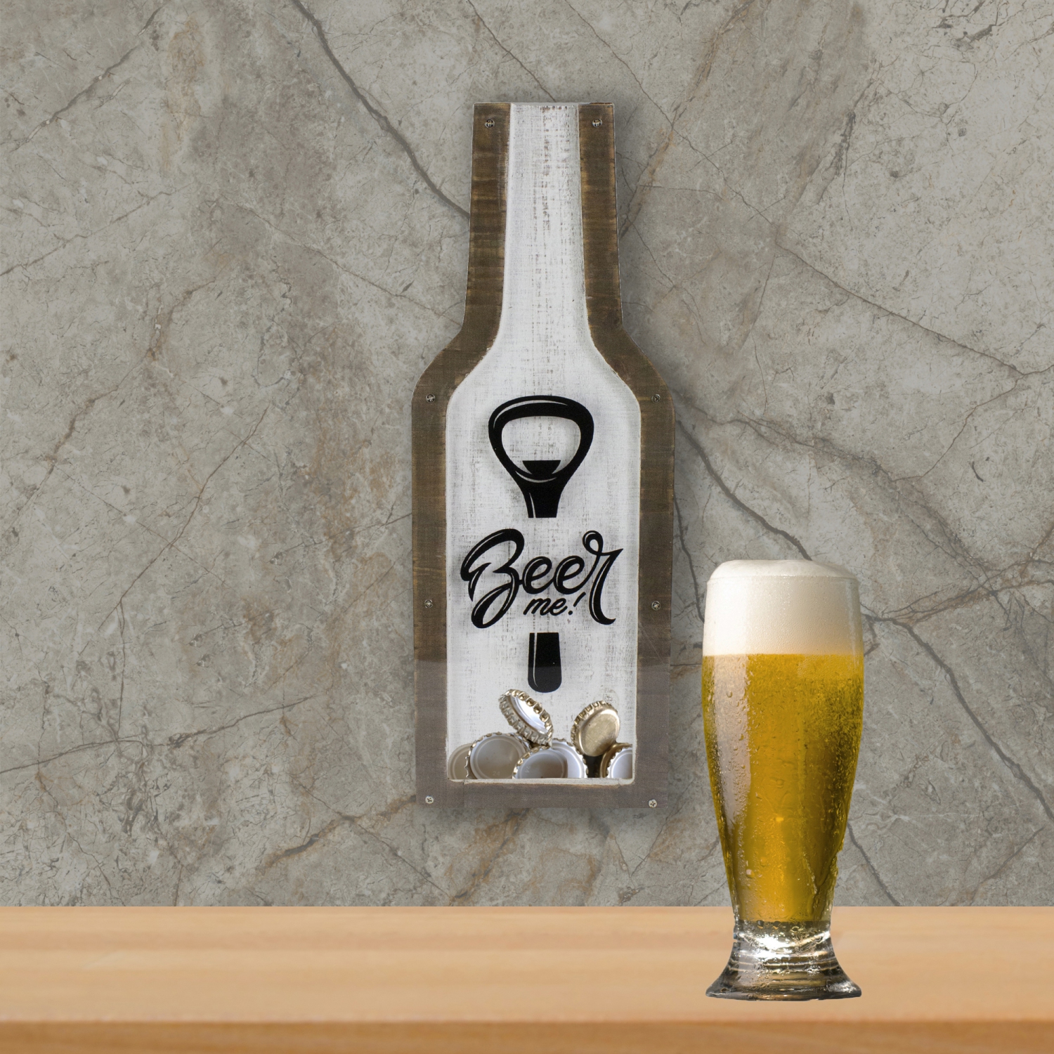 16" Brown and Black Beer Me Bottle Cap Collector Wooden Hanging Sign