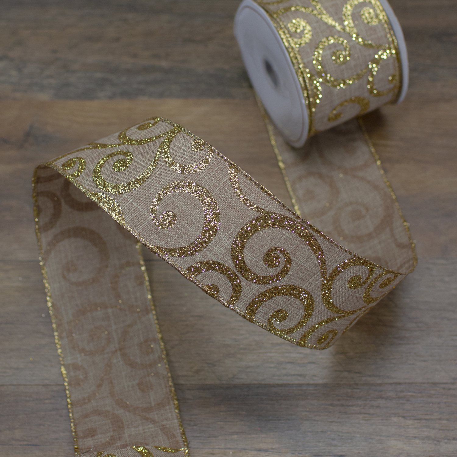 Burlap and Gold Scroll Christmas Wired Craft Ribbon 2.5" x 10 Yards