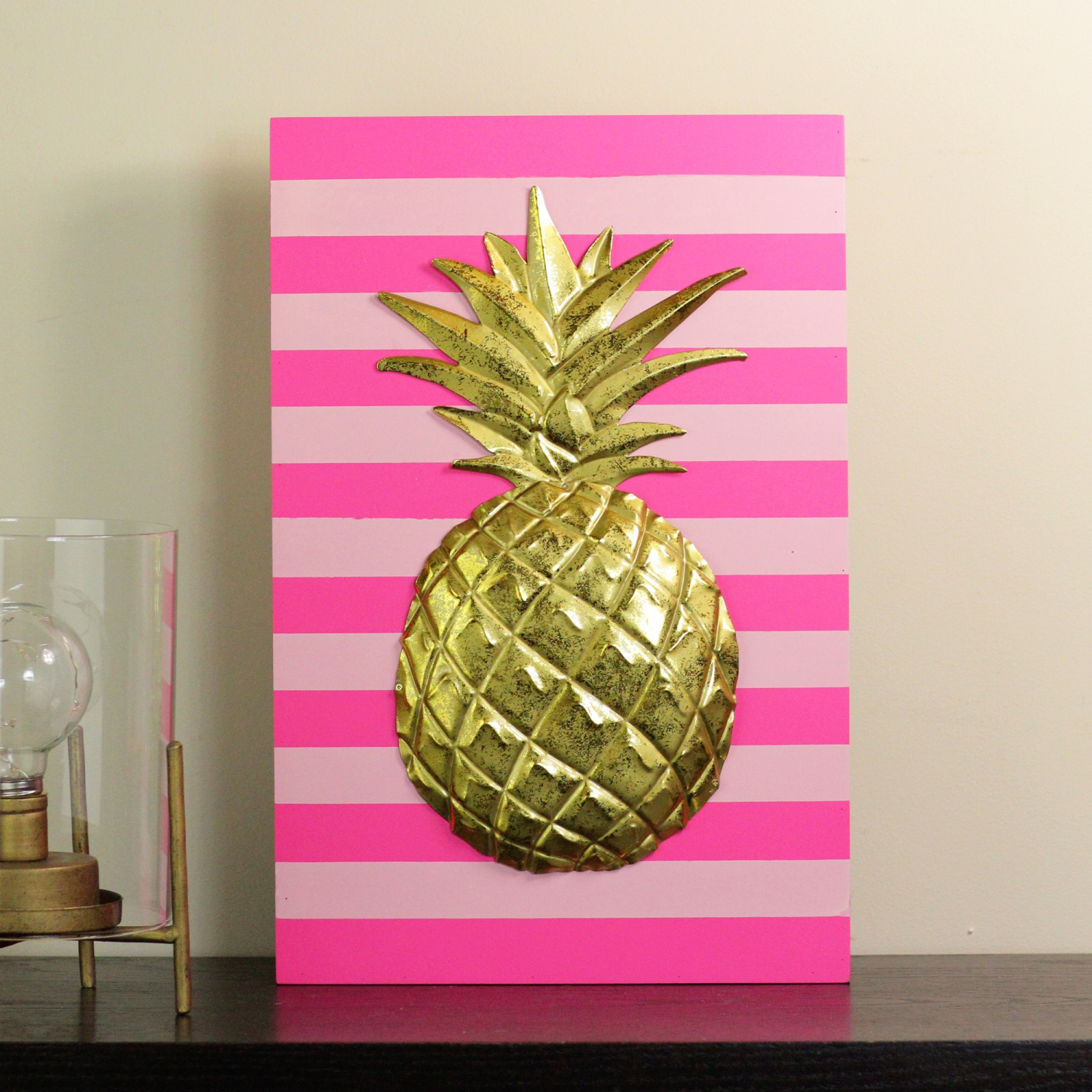 18" Bubblegum Pink, Rose and Metallic Gold Pineapple Wood Wall Art