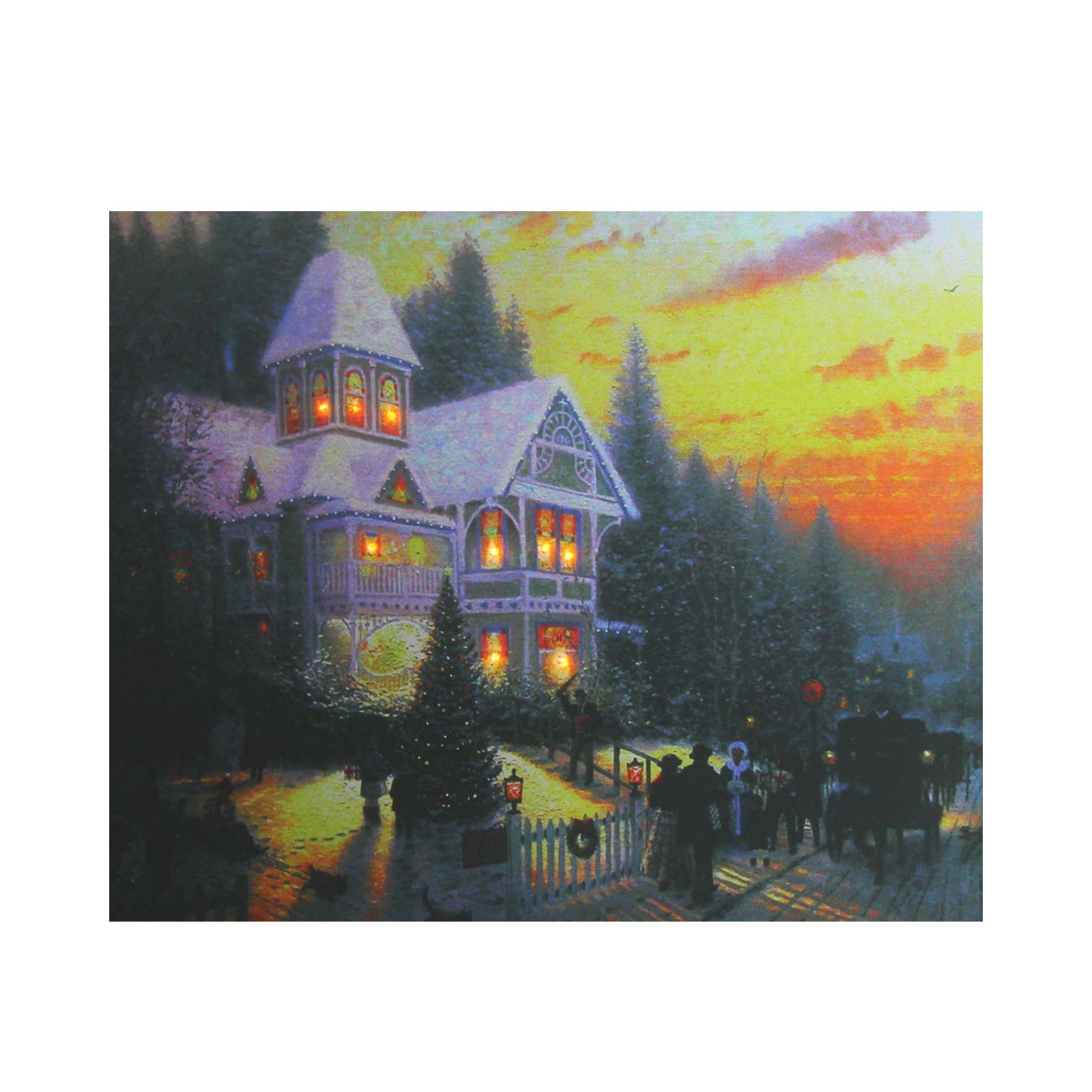 Art mural en toile, Noël victorien illuminé à DEL au coucher de soleil, 15.75 x 19.5 po