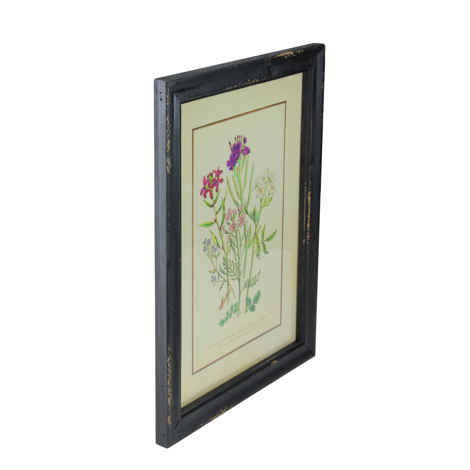 16" Black and Butter Yellow Distressed Wood Framed Floral Print Wall Art