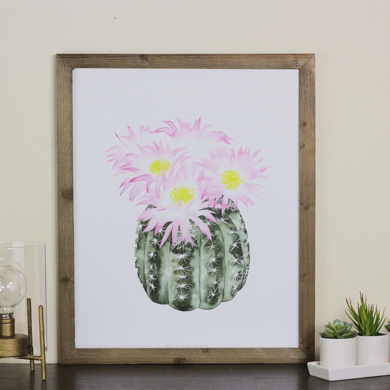 24" Pink and Yellow Cactus Decorative Wooden Framed Print Wall Art
