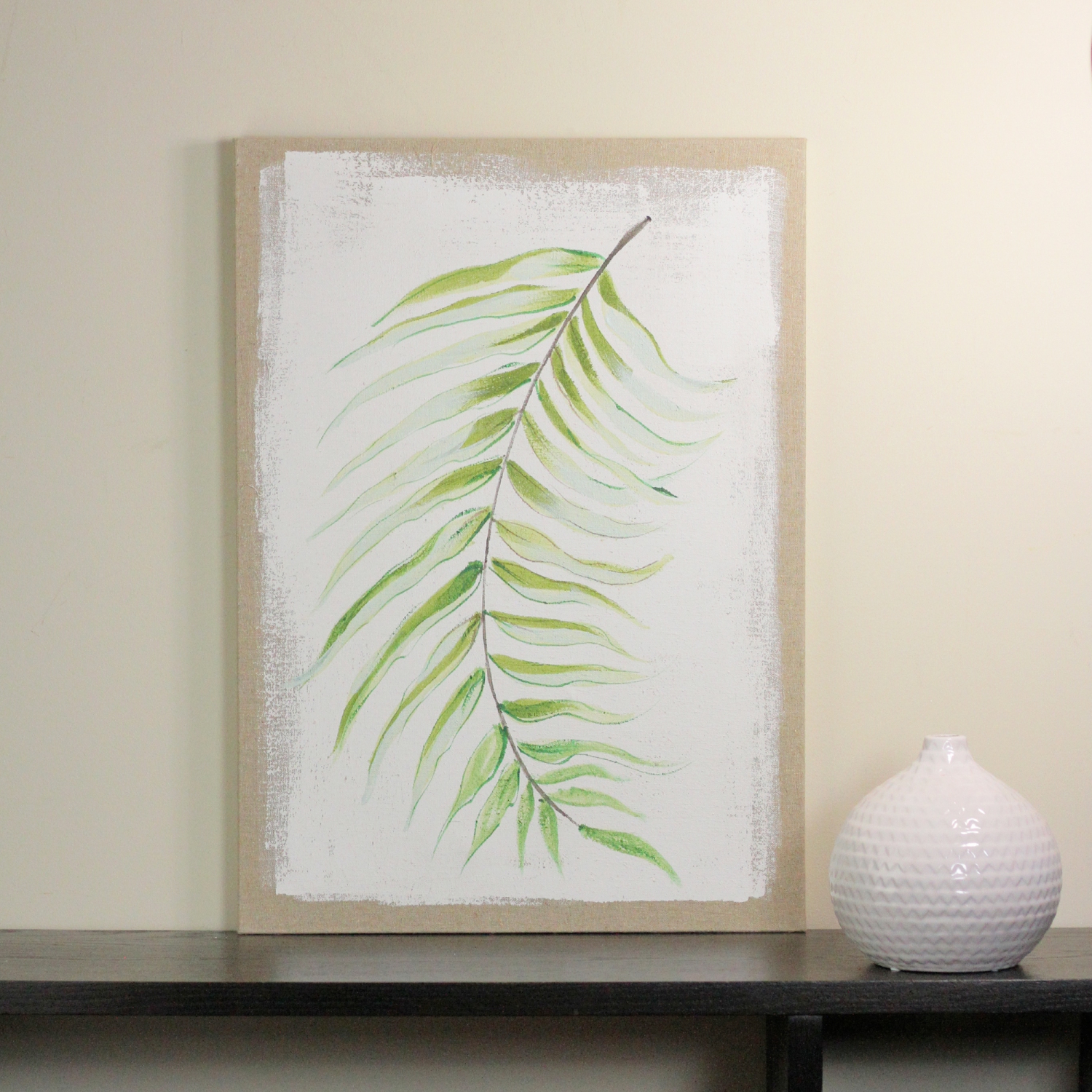28" x 20" Green and Ivory Fern Fronds Unframed Linen Canvas Wall Art