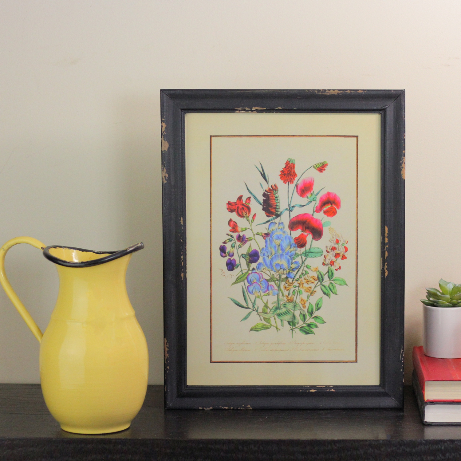 16" Black and Butter Yellow Lathyrus and Ouroboros Distressed Wood Framed Print Wall Art