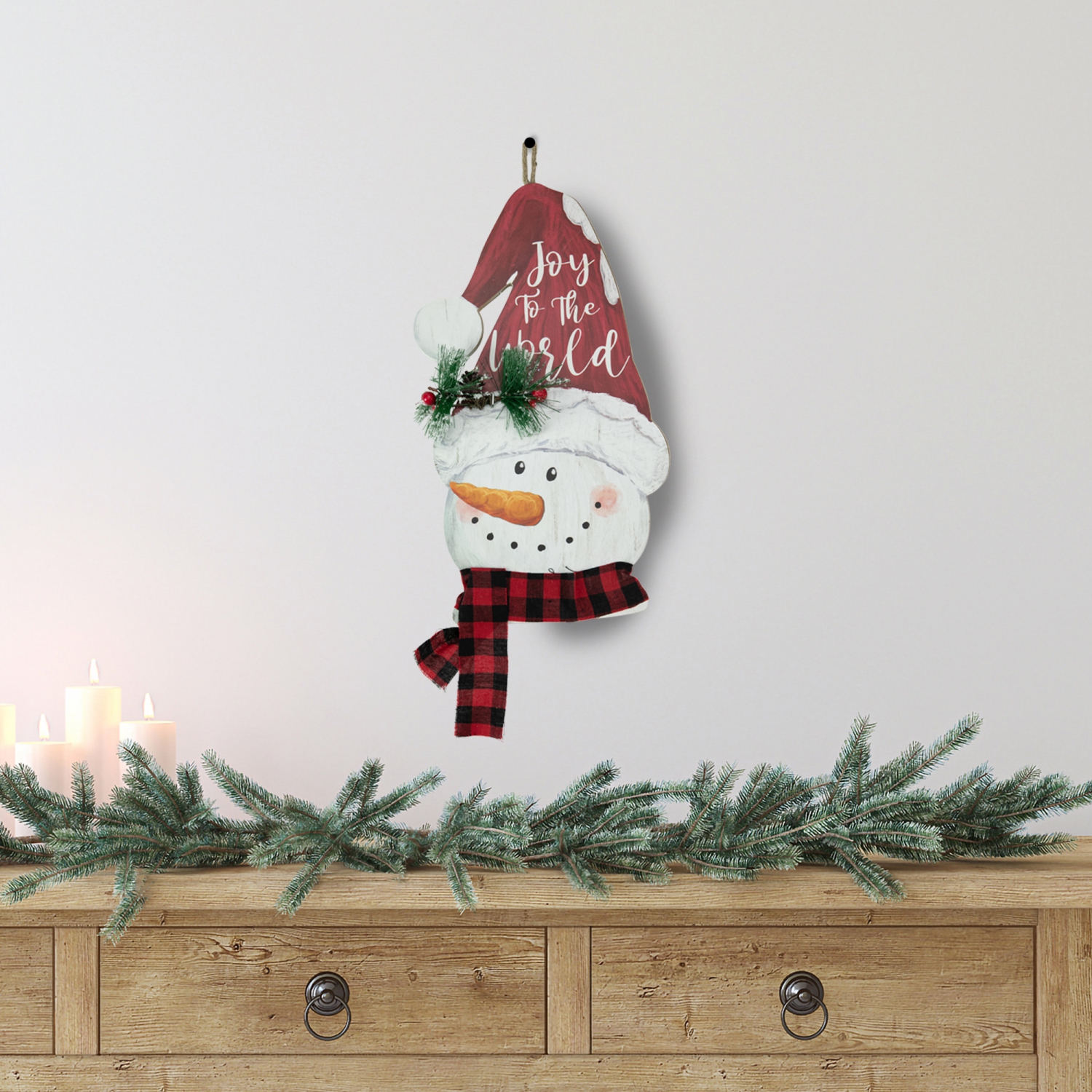 16.5" Joy to the World Snowman in Santa Hat Christmas Wall Decoration