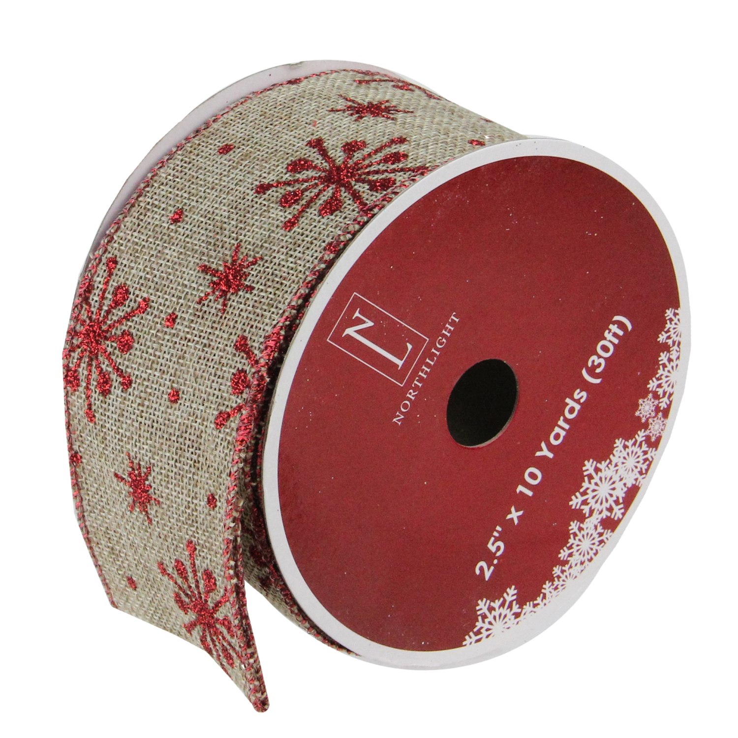 Club Pack of 12 Red Snowflake and Beige Burlap Wired Christmas Craft Ribbon Spools - 2.5" x 10 Yards Total