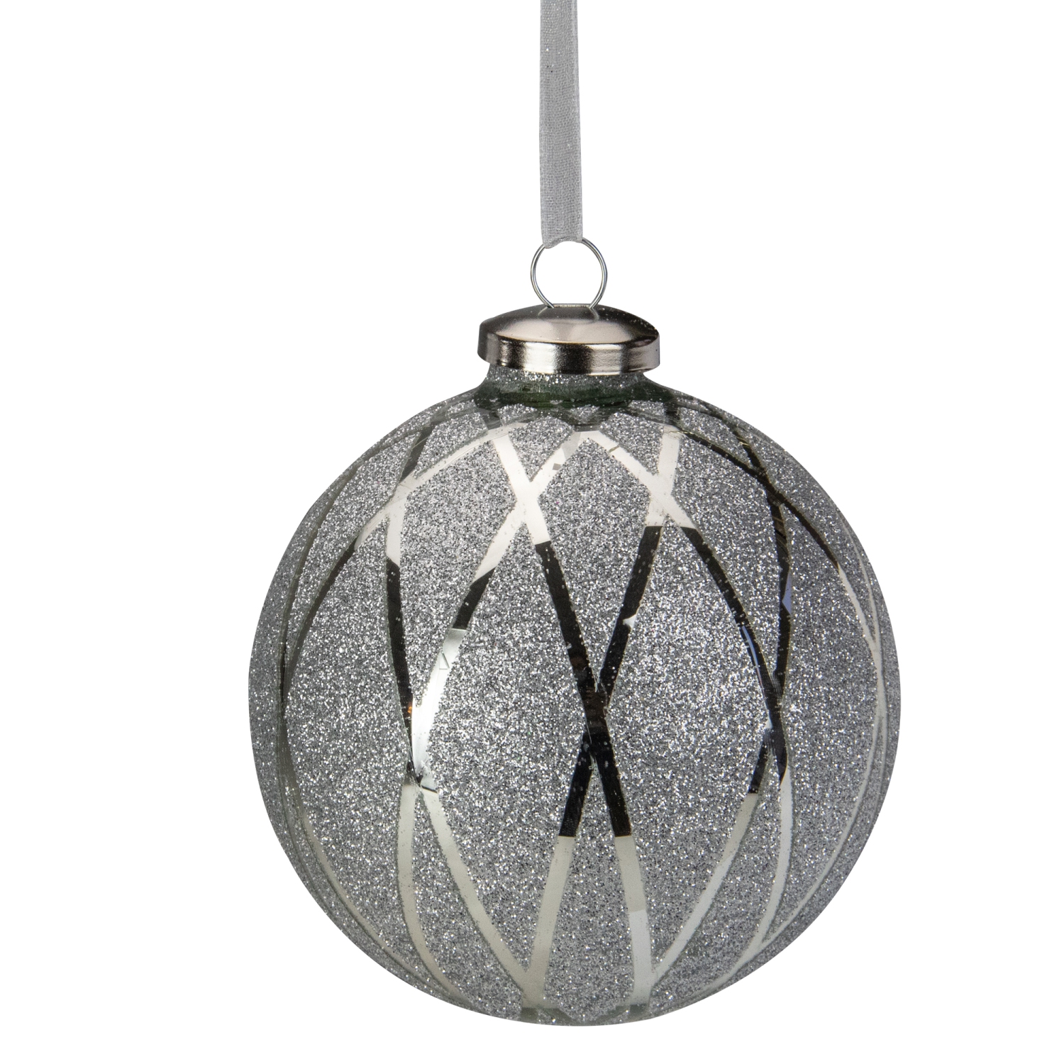 4" Silver Glitter Diamond Pattern Glass Ball Christmas Ornament