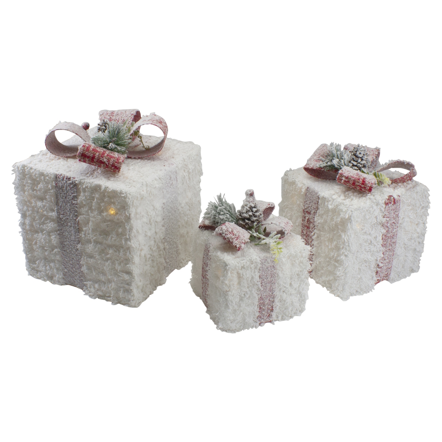 Set of 3 LED Frosted Rattan Christmas Gift Boxes with Pinecones - 10"