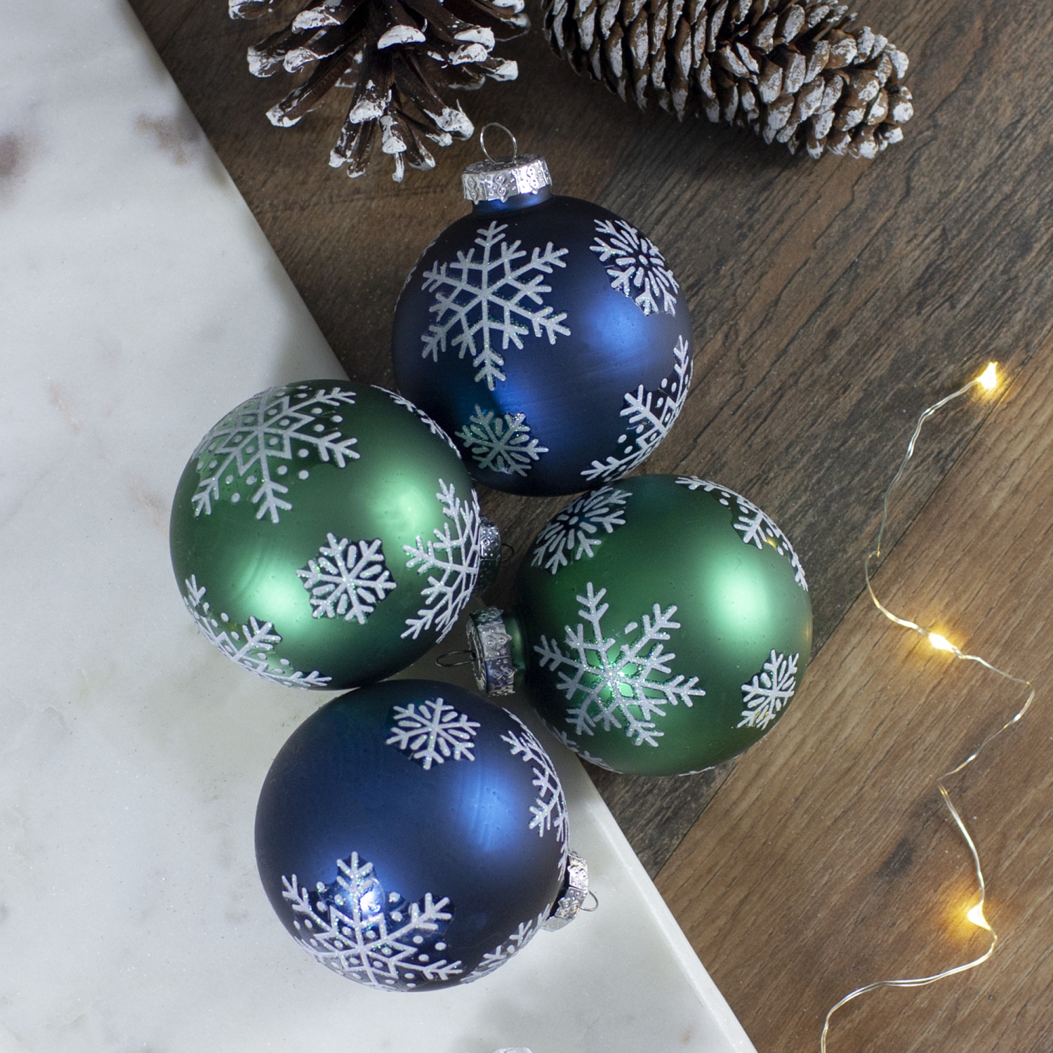 Set of 4 Dark Blue and Green Glass Matte Christmas Ball Ornaments 2.5-Inch