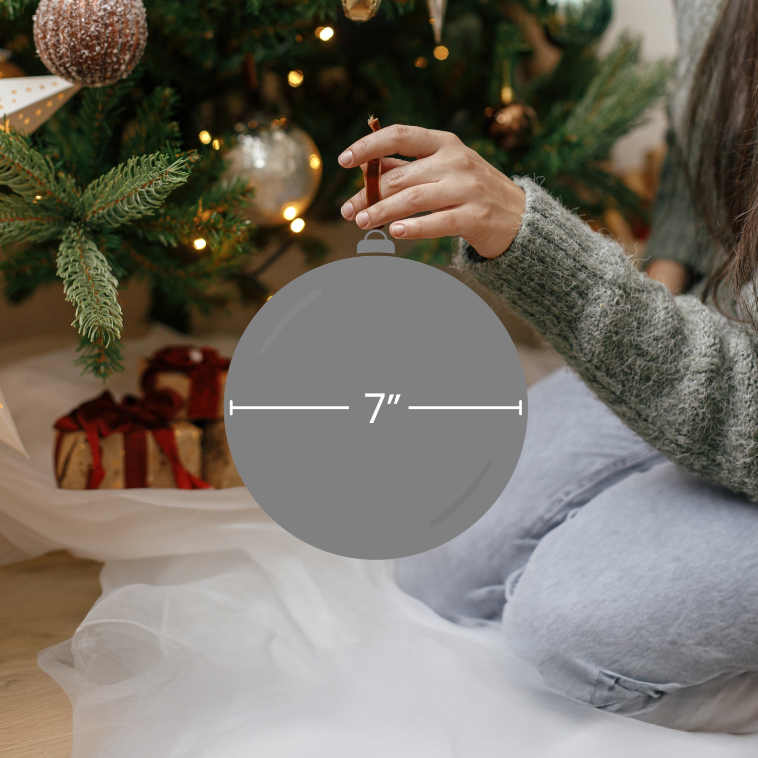 Boule de Noël incassable en tricot vert olive à suspendre, 7 po