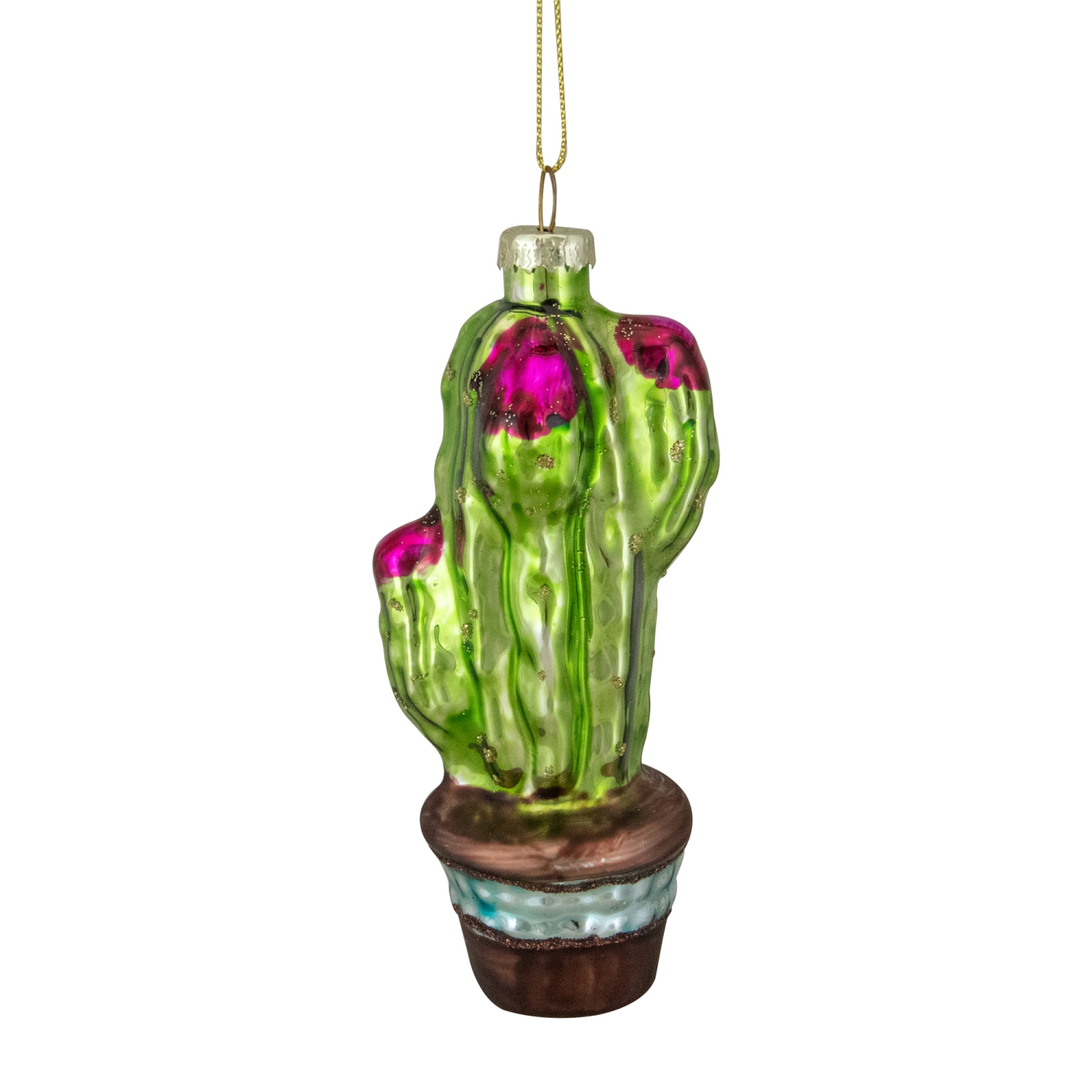 Décoration de Noël en verre de cactus en pot vert et rose, 4.75 po