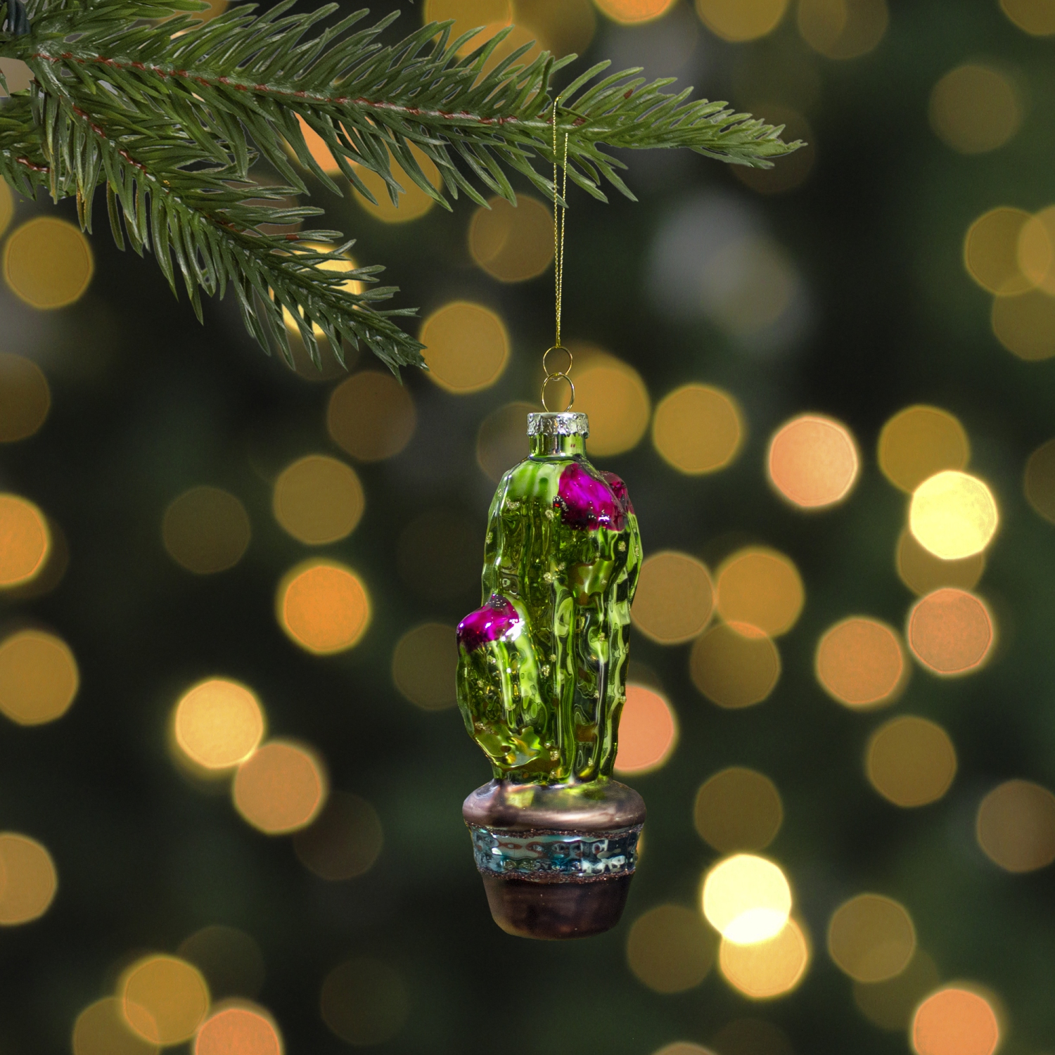 Décoration de Noël en verre de cactus en pot vert et rose, 4.75 po