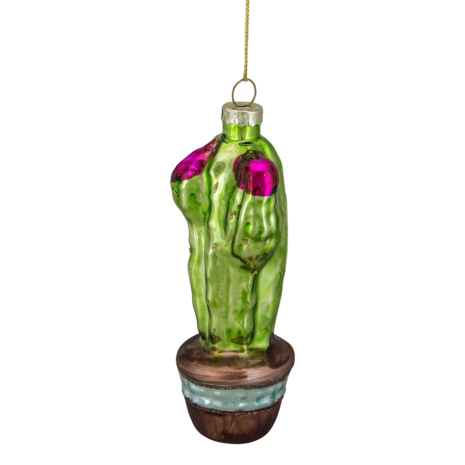 Décoration de Noël en verre de cactus en pot vert et rose, 4.75 po
