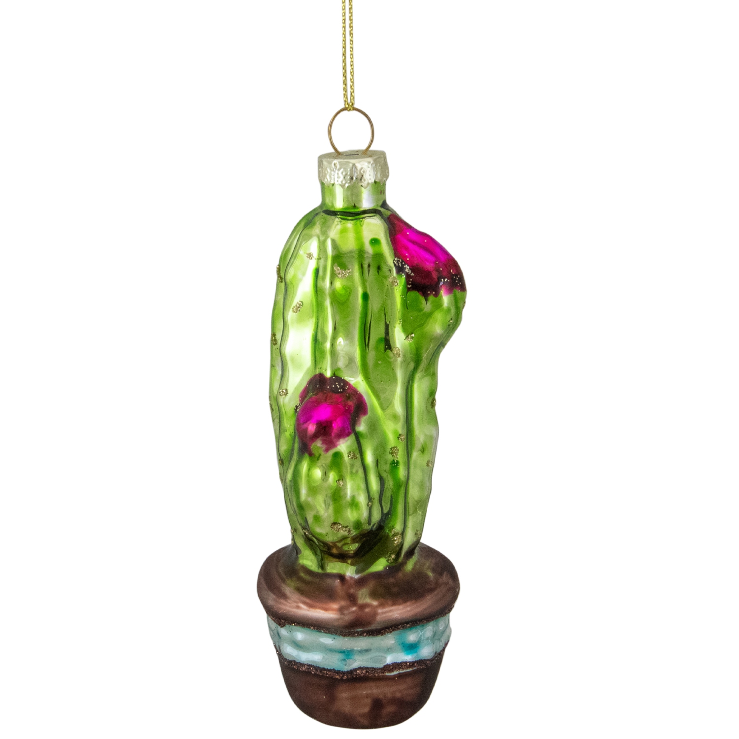 Décoration de Noël en verre de cactus en pot vert et rose, 4.75 po