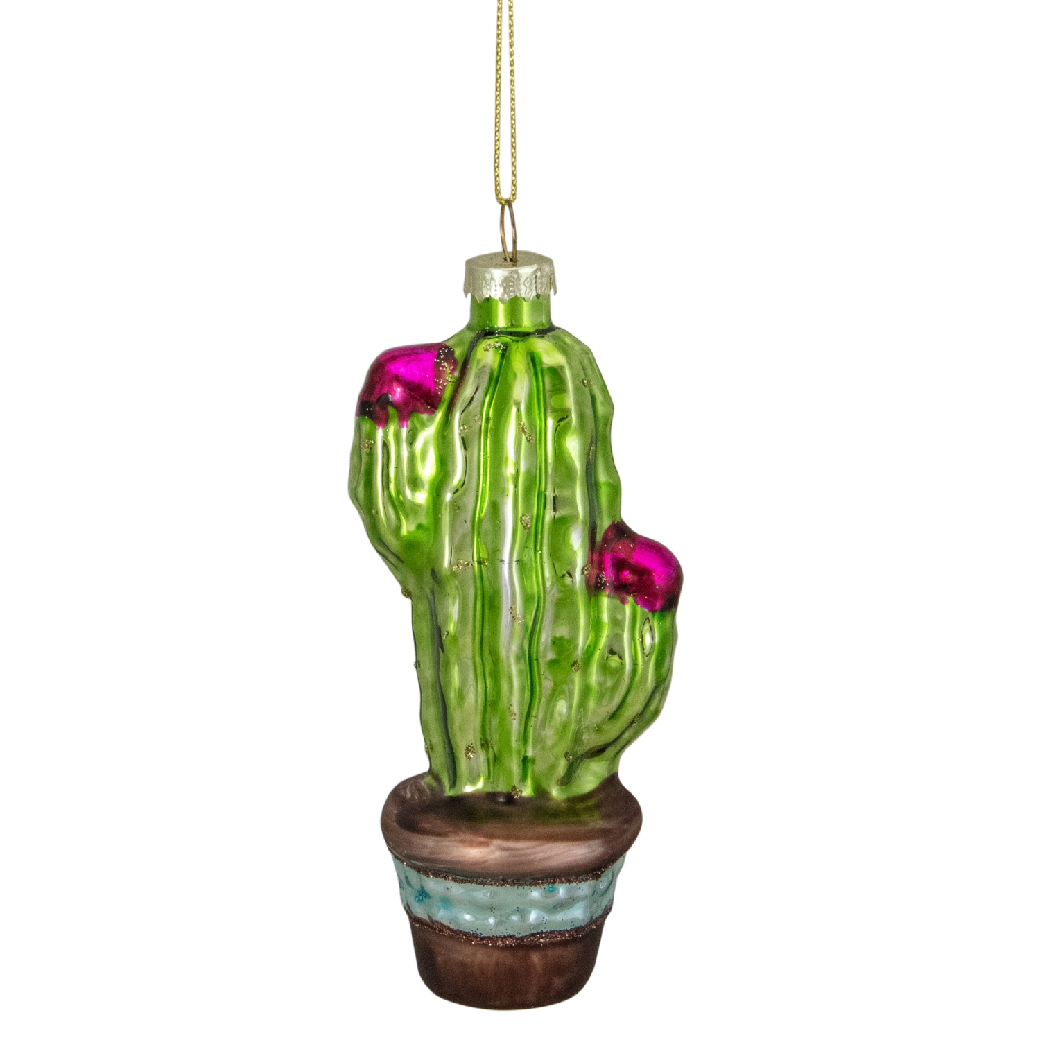 Décoration de Noël en verre de cactus en pot vert et rose, 4.75 po