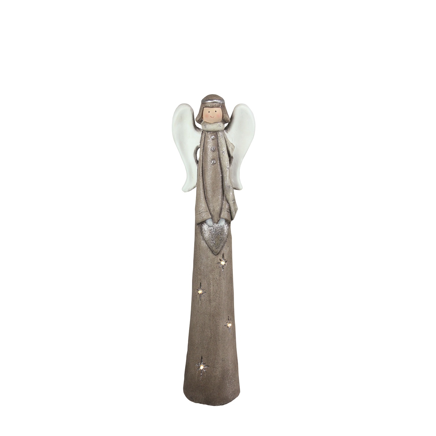 30.25" Brown and White LED Lighted Angel with Heart Christmas Tabletop Figurine