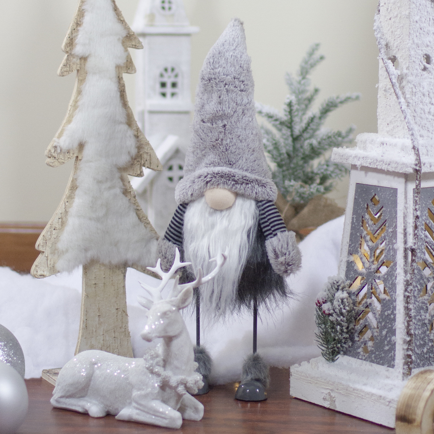 17" Beige, Gray, and White Bouncing Gnome Christmas Decoration