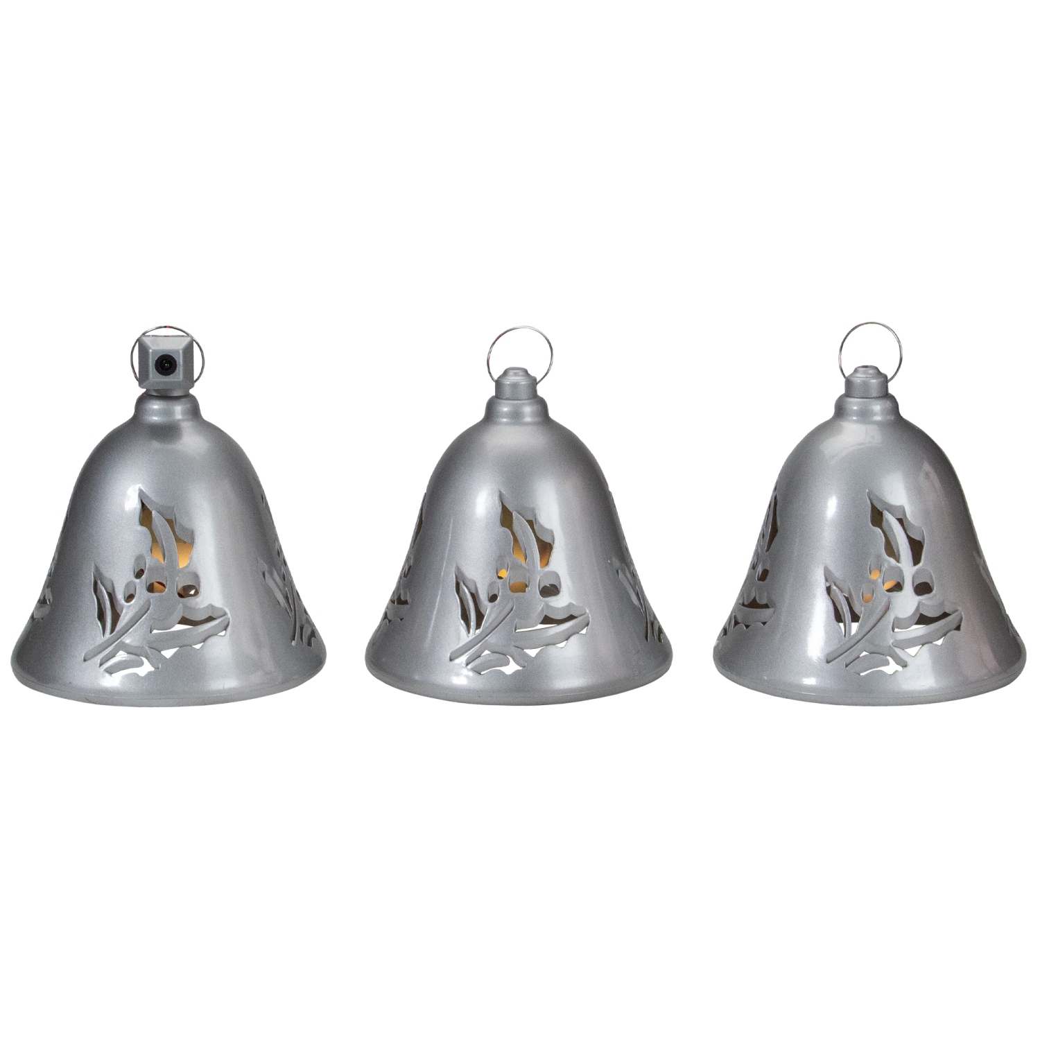 Set of 3 Musical Lighted Silver Bells Christmas Decorations, 6.5"