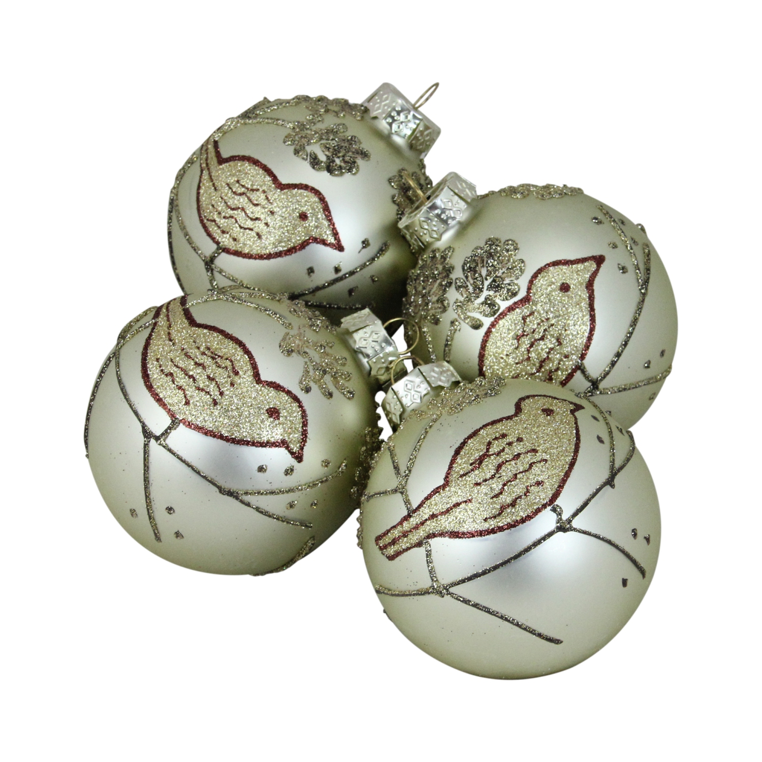4ct Champagne Gold and Brown Bird 2-Finish Glass Christmas Ball Ornaments 4"