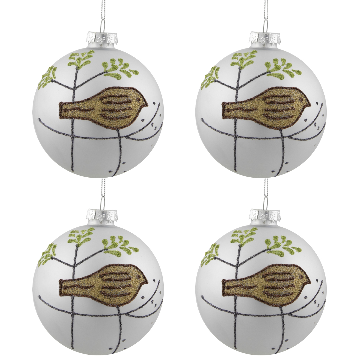 4ct Champagne Gold and Brown Bird 2-Finish Glass Christmas Ball Ornaments 4"