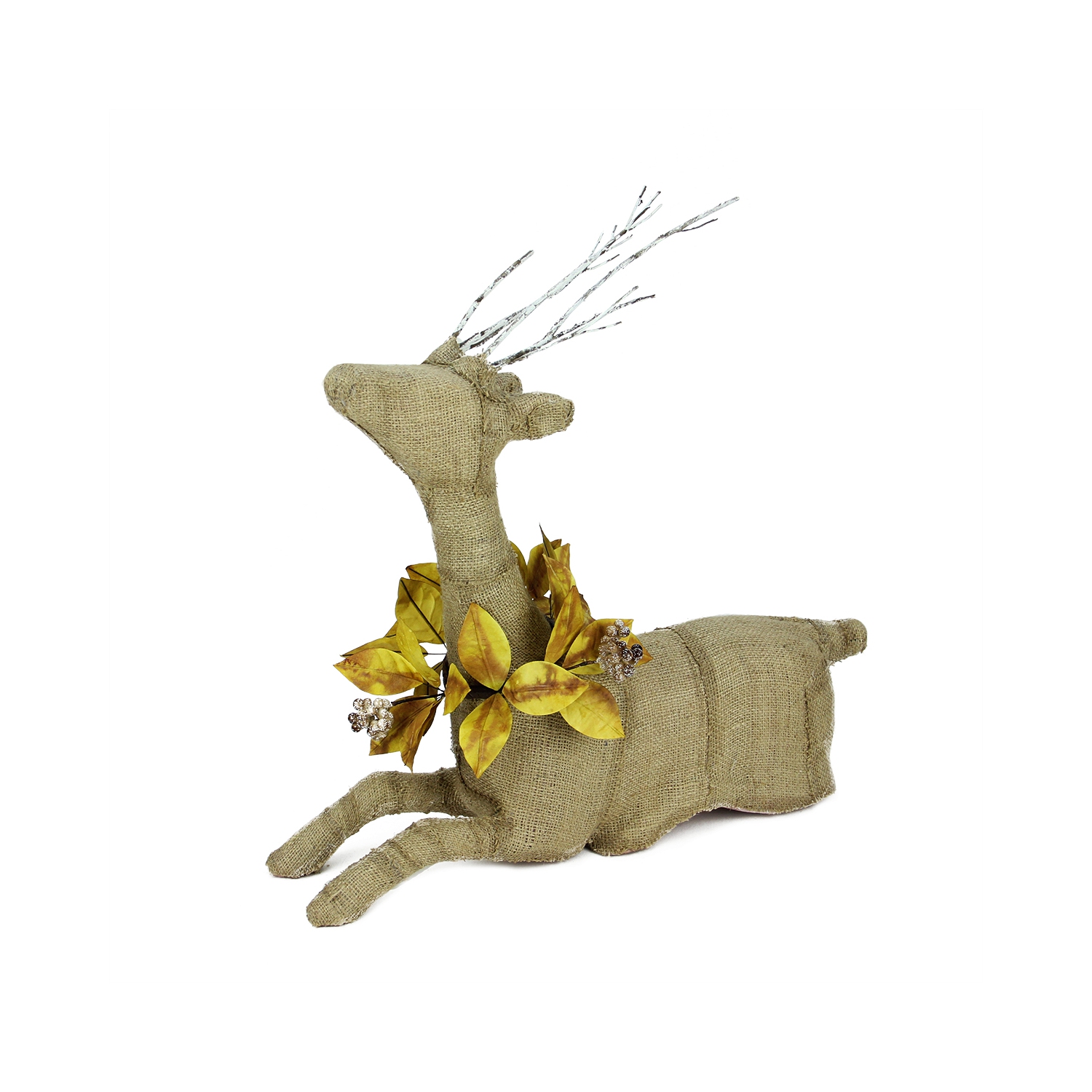 20" Rustic Burlap Reindeer Wearing Amber Leaves and Berries Decorative Sitting Christmas Figure