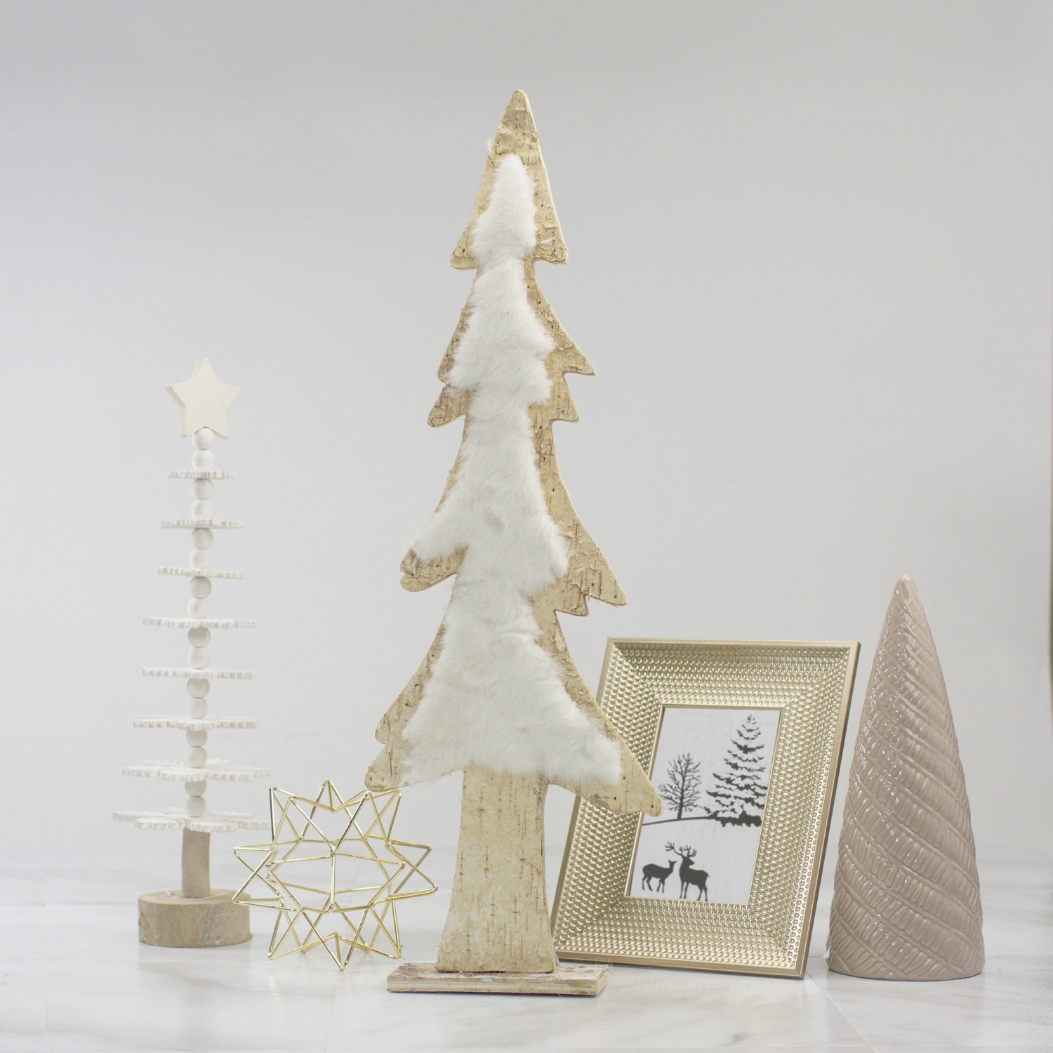 14.5" Brown and White Wooden Tree Christmas Tabletop Decor