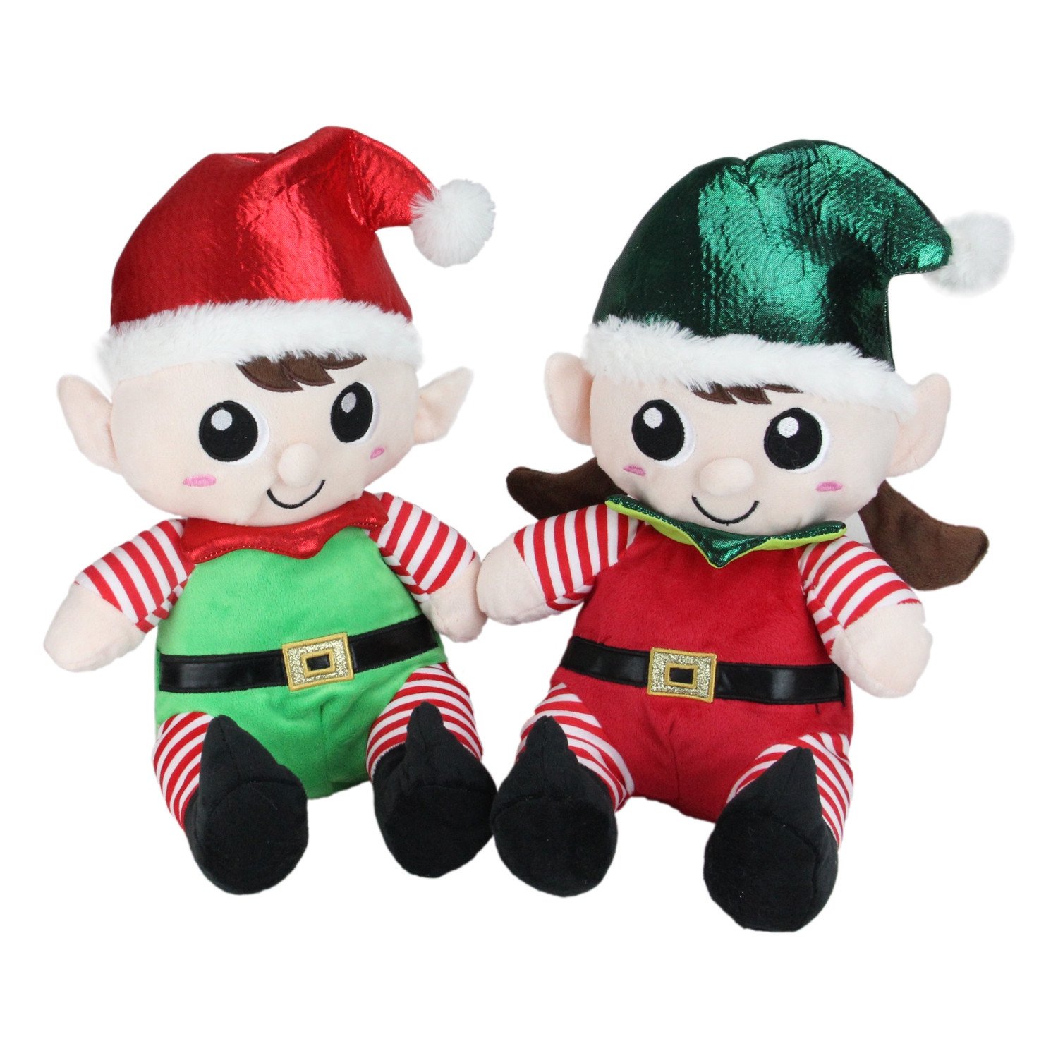 Set of 2 Red Plush Sitting Boy and Girl Christmas Elf Figures 13"