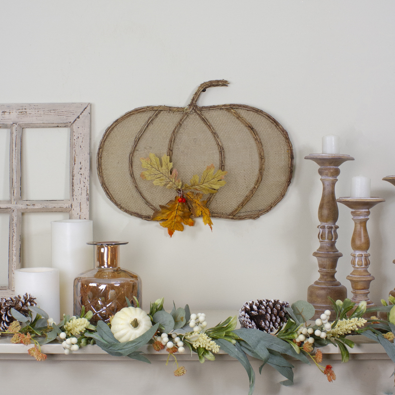19" Beige Burlap and Vine Pumpkin Fall Harvest Wall Hanging