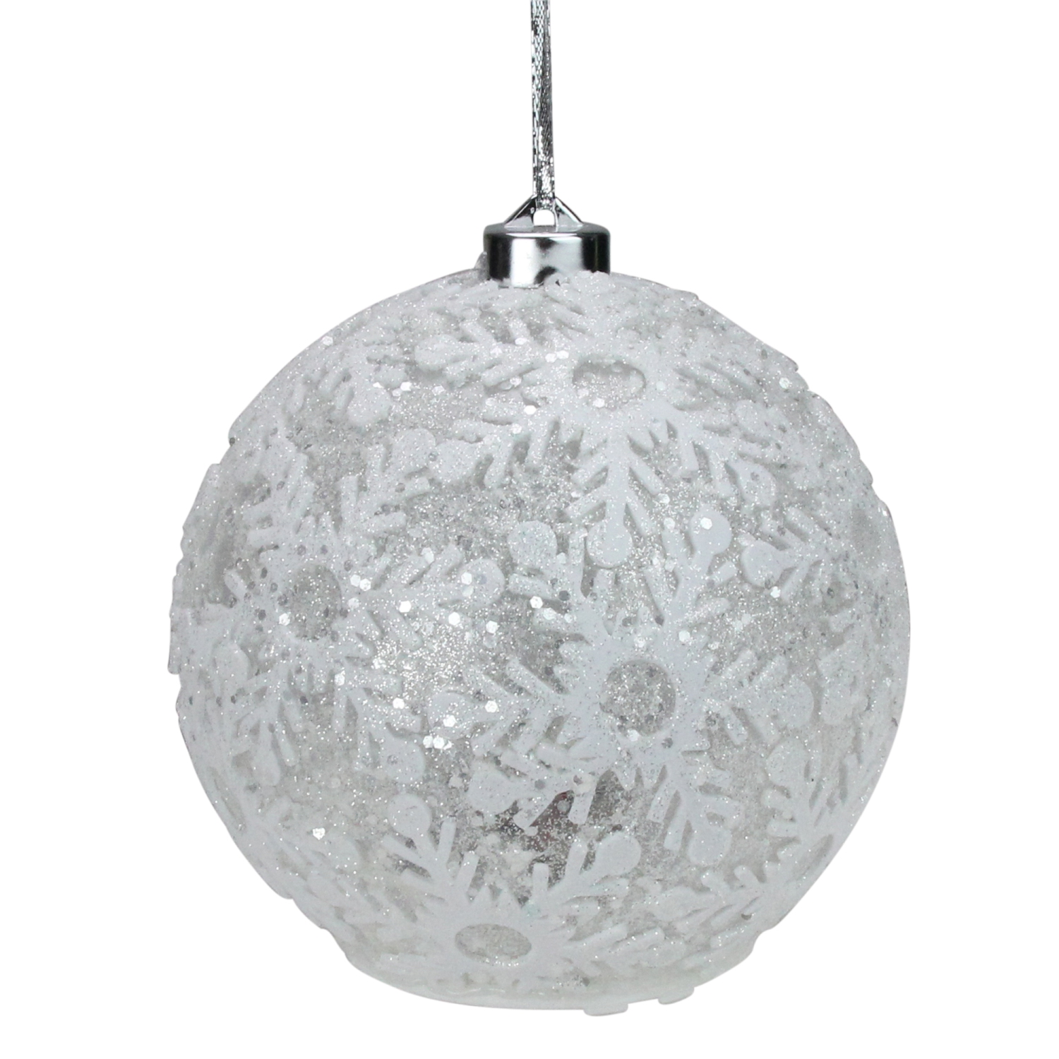4ct Battery Operated Pre-Lit Silver Glitter Snowflake Christmas Ball Ornaments 6"