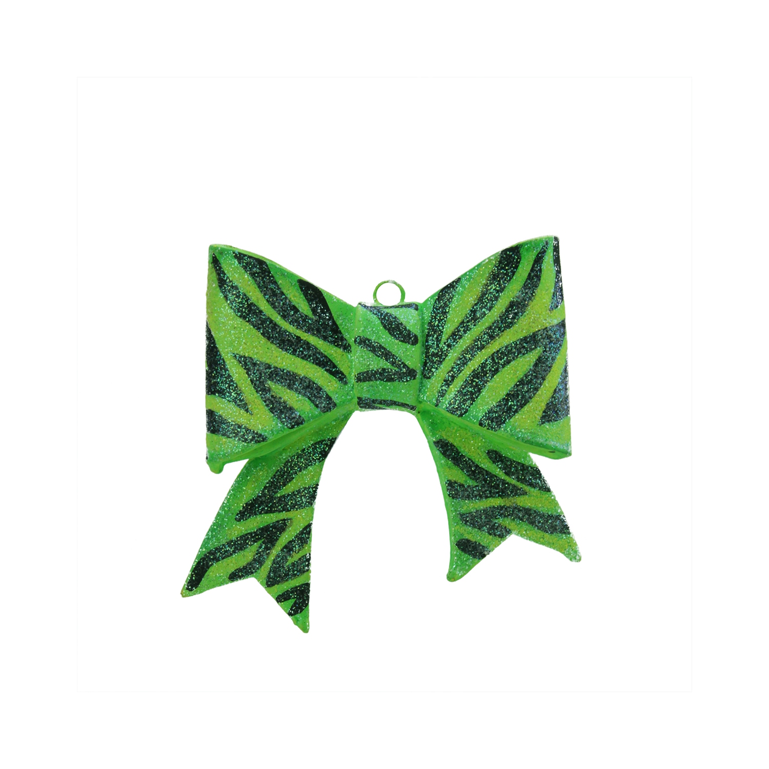 3" Green and Black Glittered Zebra Print Bow Christmas Ornament