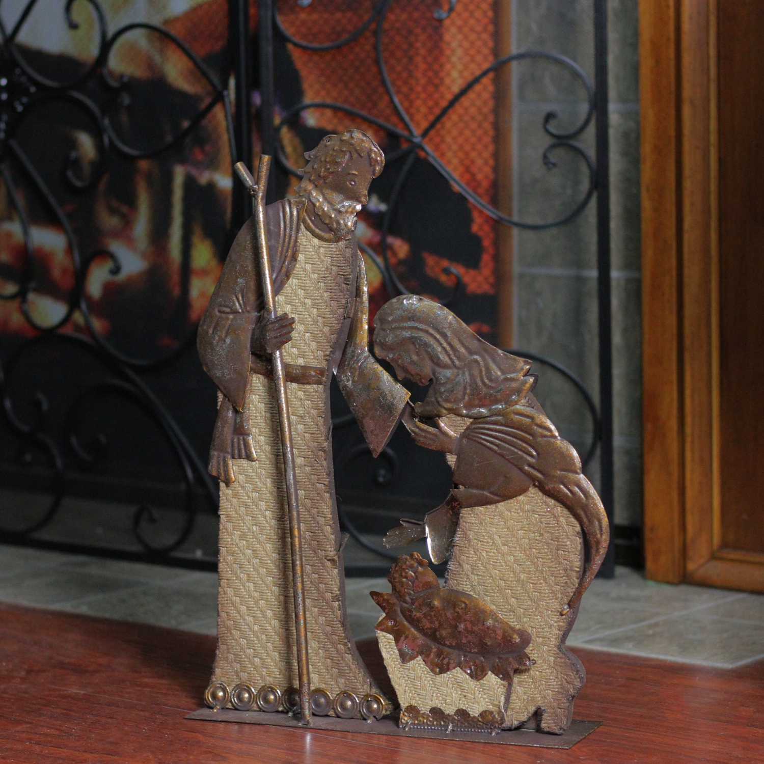 17" Rustic Metal Holy Family Nativity Scene With A Burlap Design Christmas Table Top Decoration