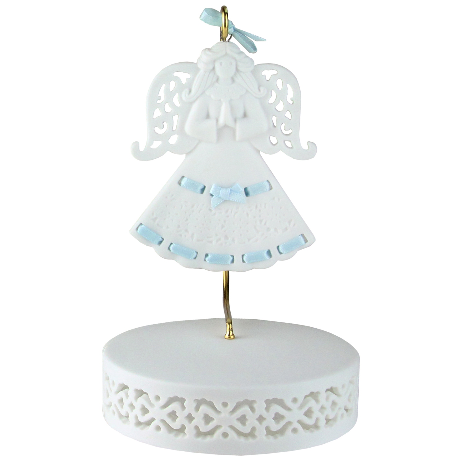 Décoration d’ange en porcelaine Blue Ribbon avec support et base n° 46721B