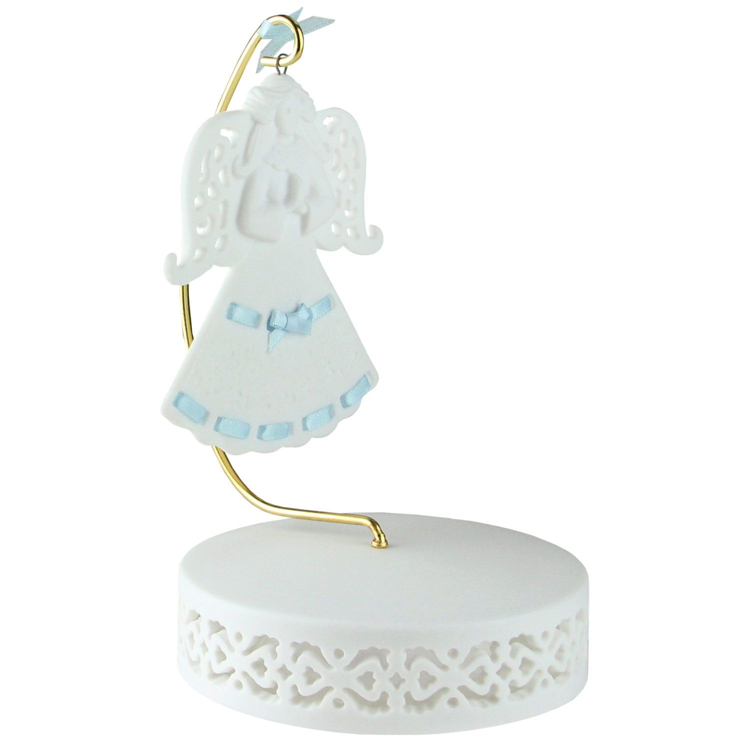 Décoration d’ange en porcelaine Blue Ribbon avec support et base n° 46721B