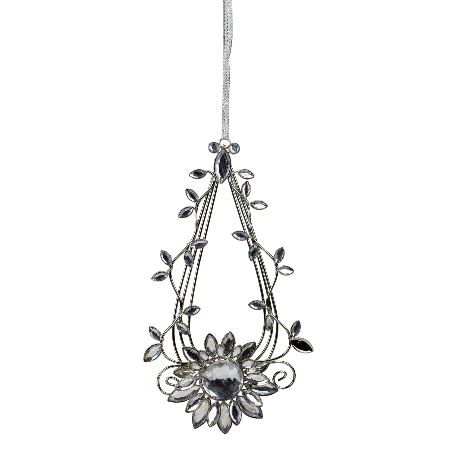 7" Elegant Silver Flower Jeweled Teardrop Christmas Ornament