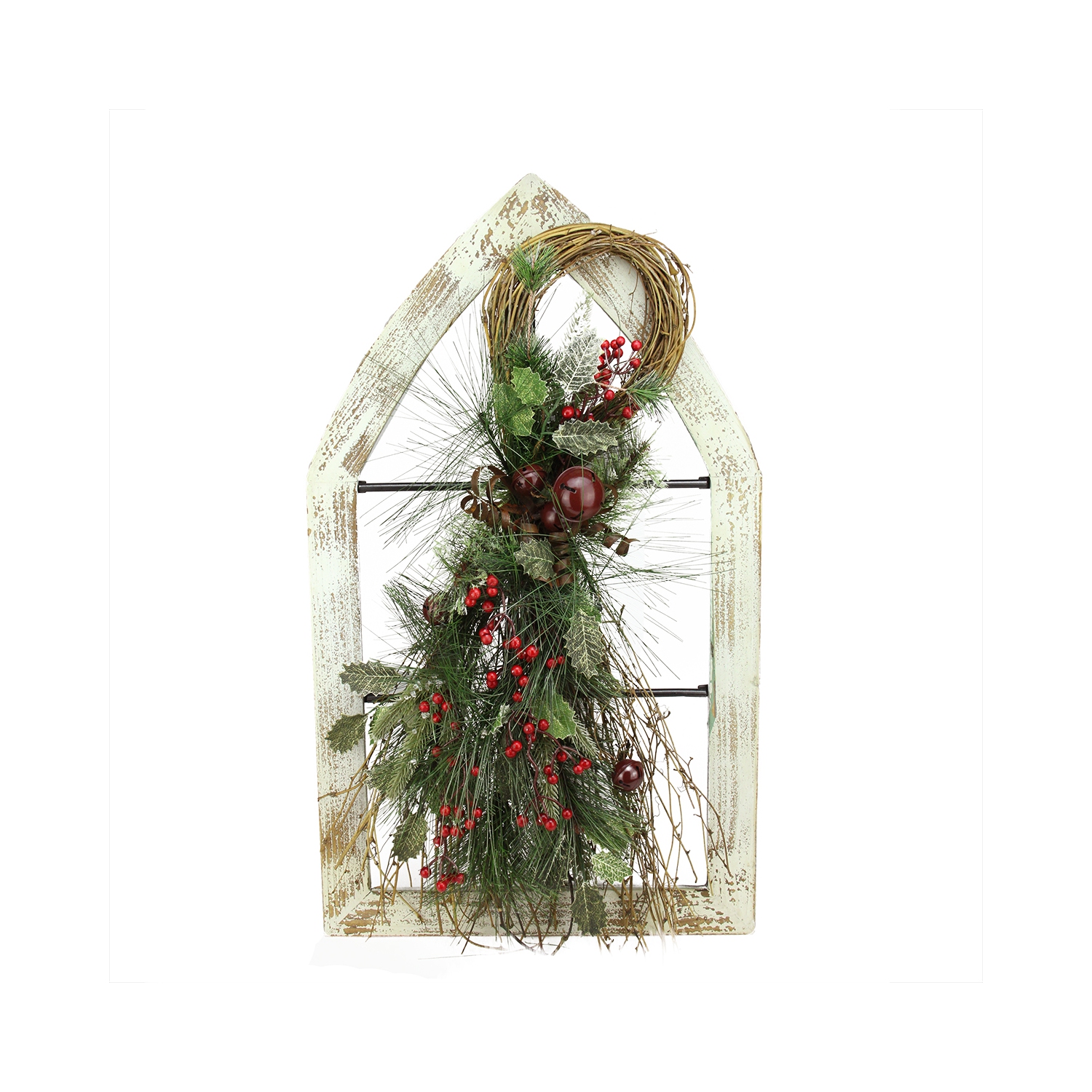 29.5" White Window Frame with Mixed Pine and Berry Swag Christmas Wall Decoration
