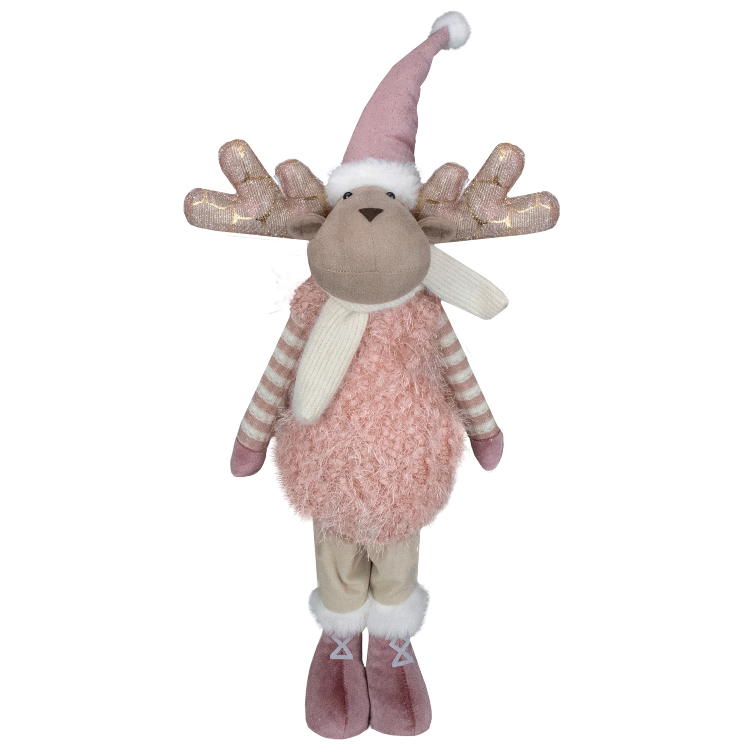Figurine de Noël de garçon debout avec orignal, rose et beige, 26 po